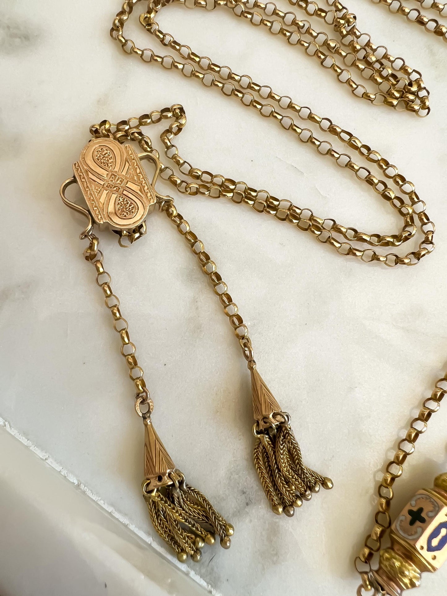 Victorian Gold Long-Guard Chain Necklace with Enamel Details