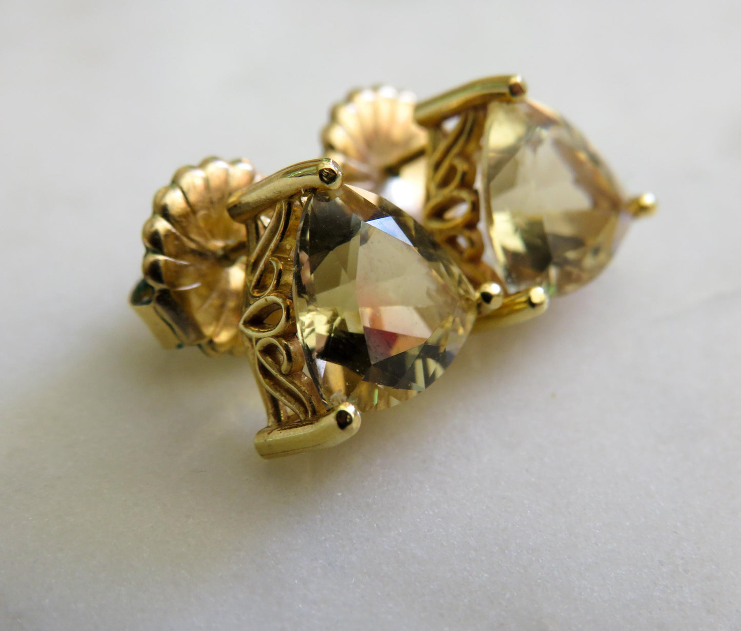 Scapolite Trillion Cut Earrings Vintage 18K Gold