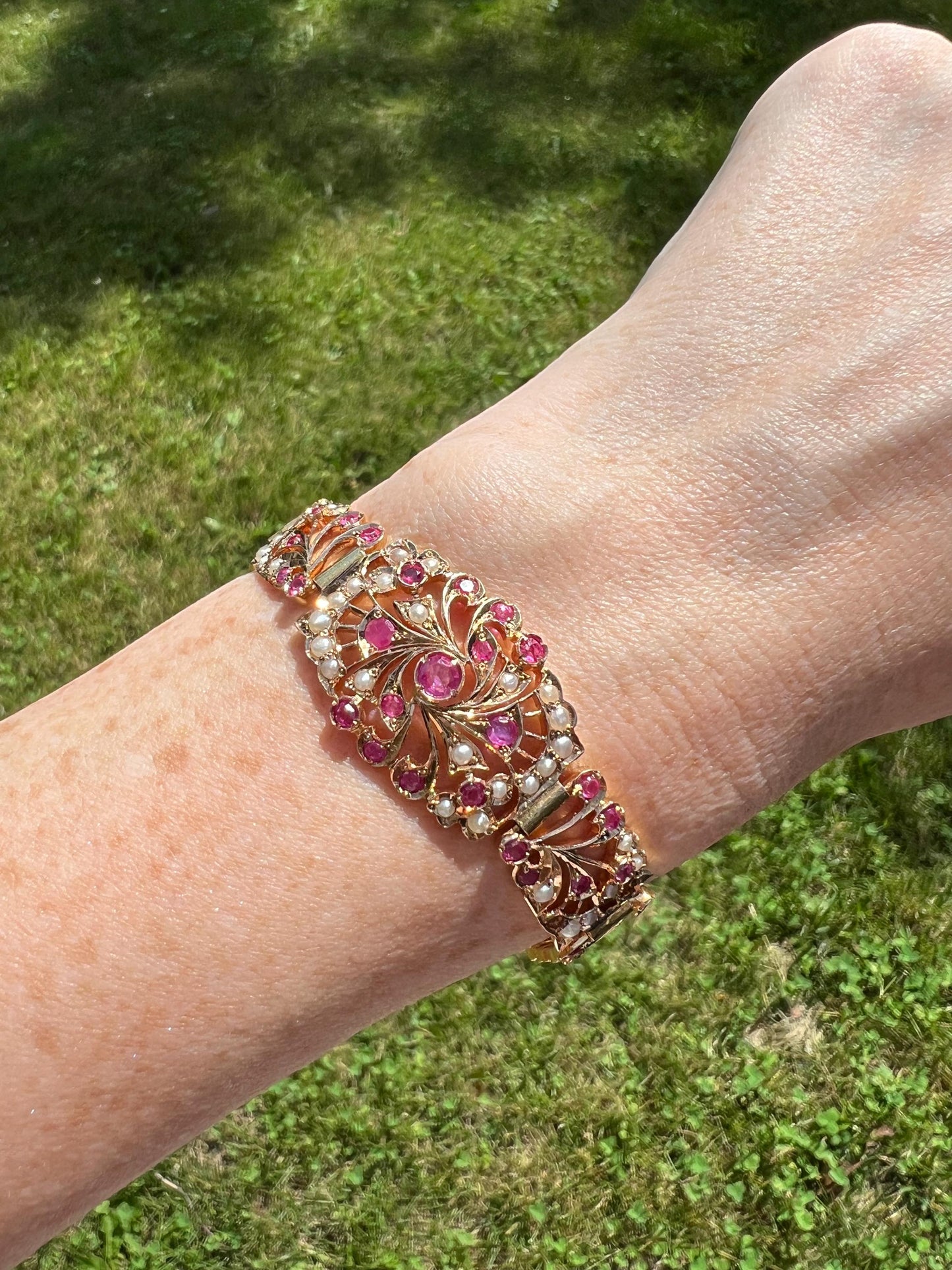 Romantic Antique Ruby & Pearl Bracelet in 9K Rose Gold