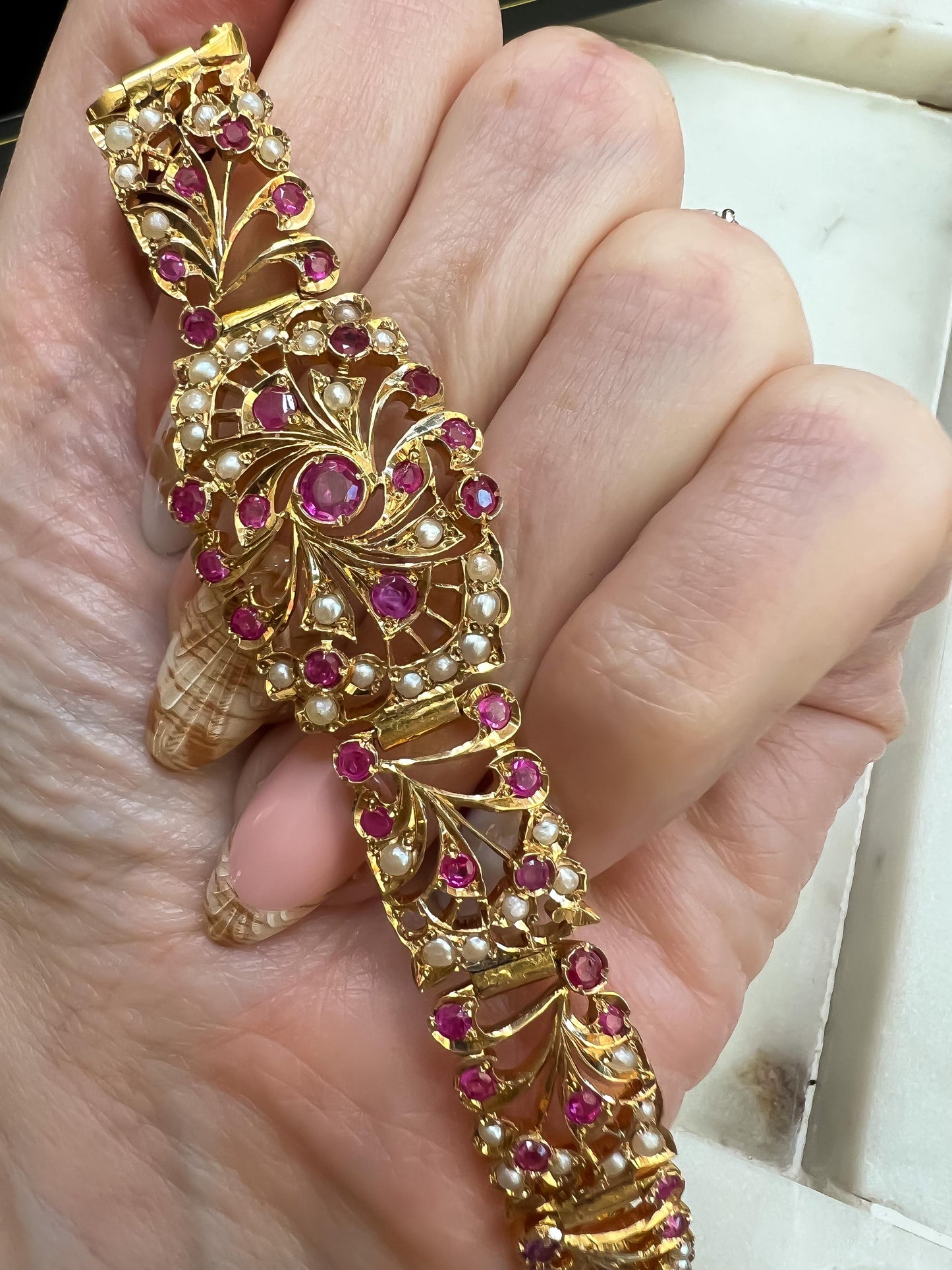 Romantic Antique Ruby & Pearl Bracelet in 9K Rose Gold