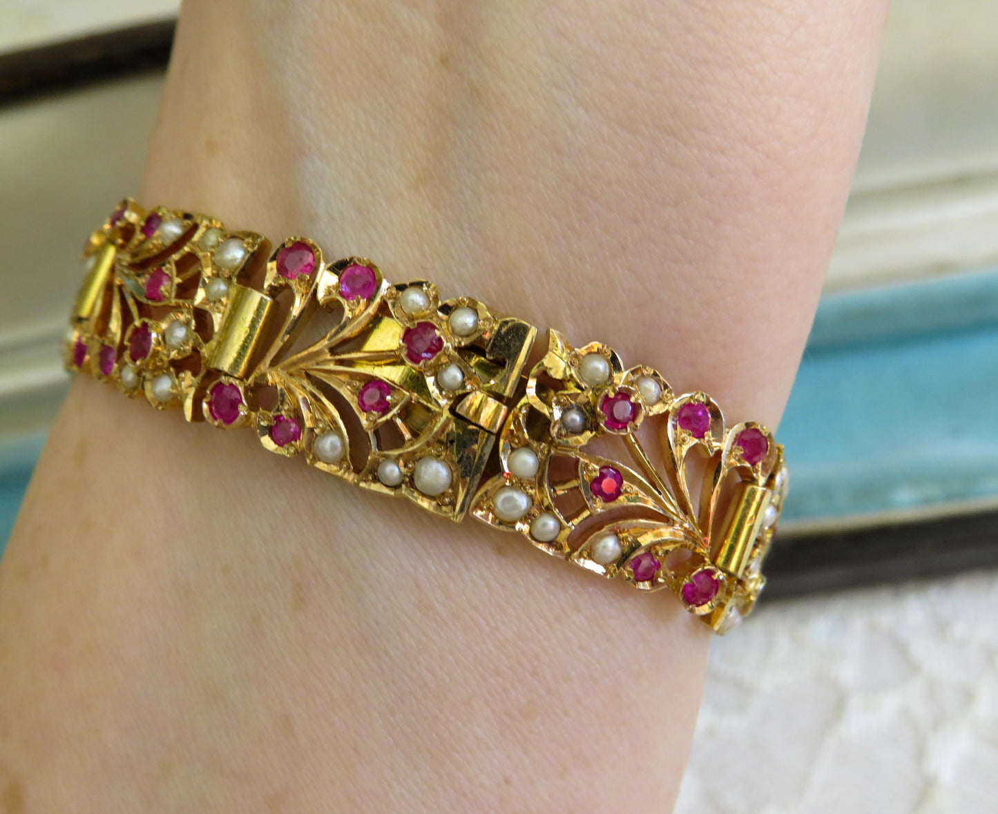 Romantic Antique Ruby & Pearl Bracelet in 9K Rose Gold