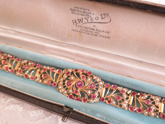 Romantic Antique Ruby & Pearl Bracelet in 9K Rose Gold