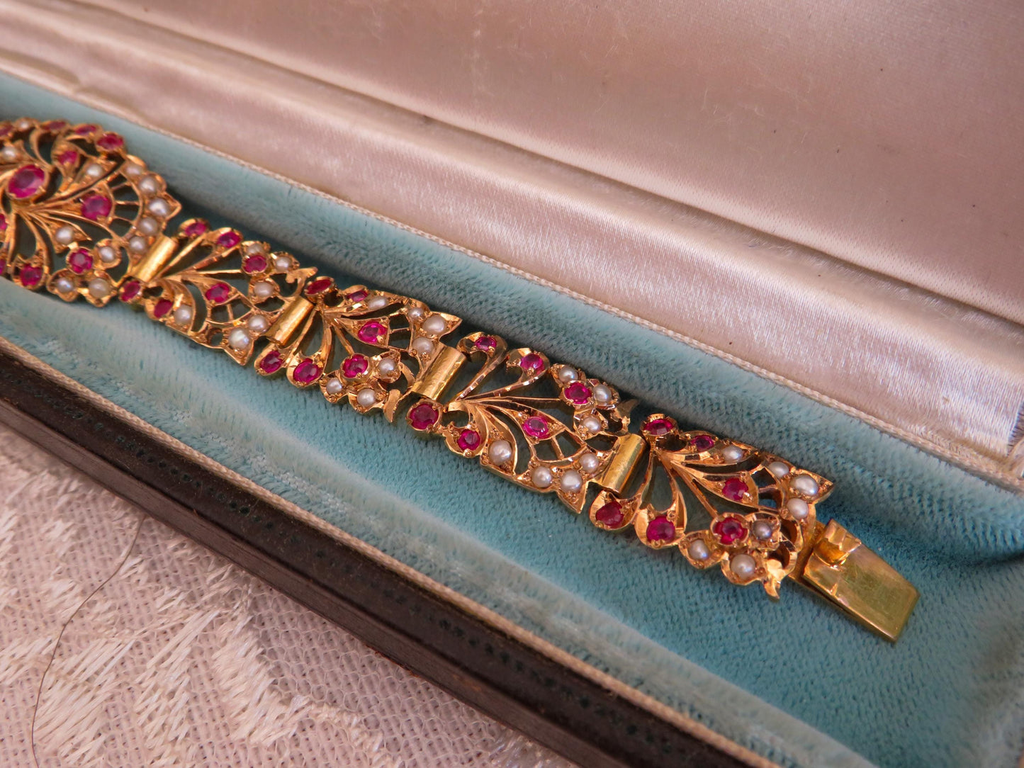 Romantic Antique Ruby & Pearl Bracelet in 9K Rose Gold