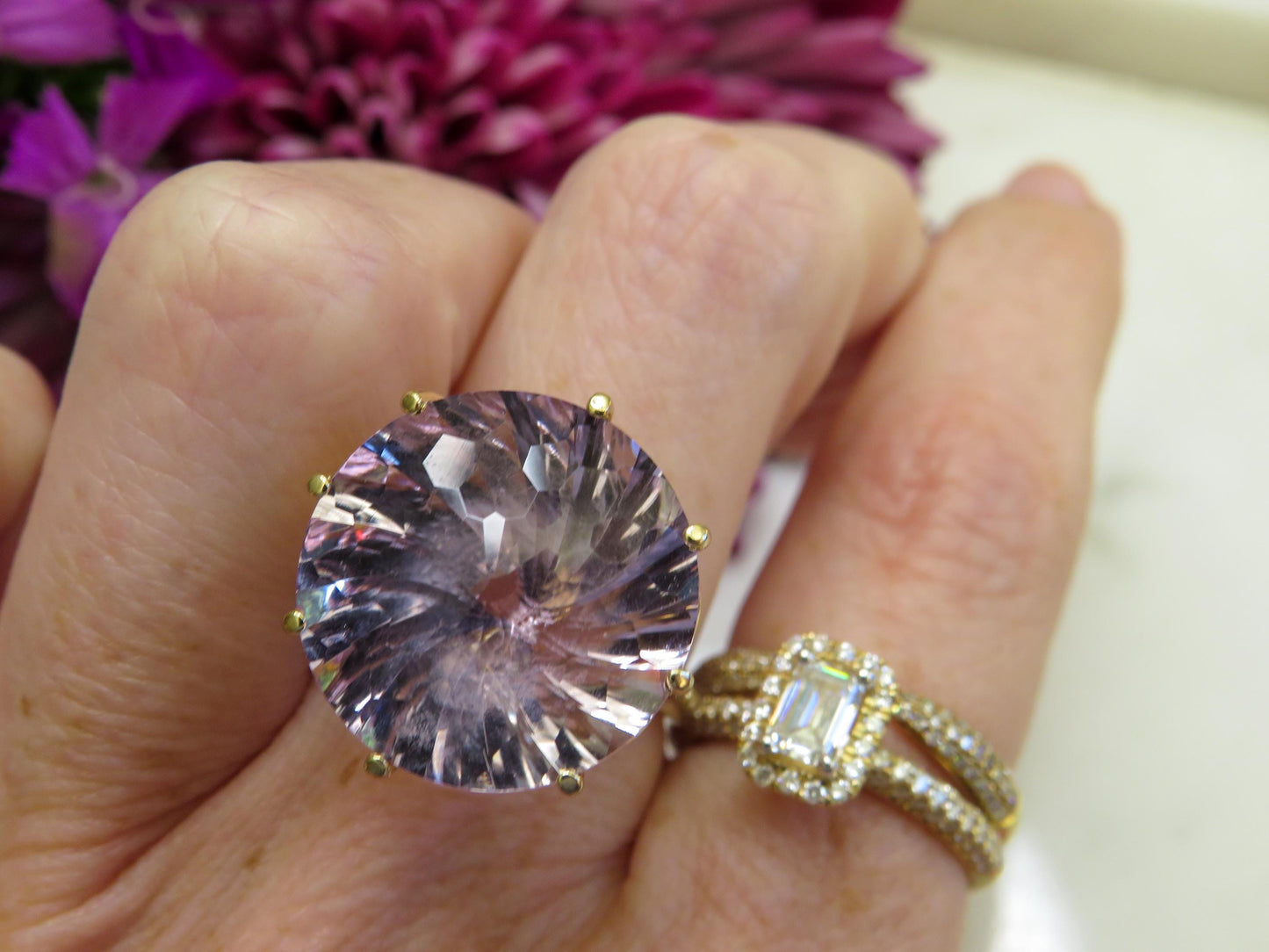Ethereal Vintage Kunzite Ring in 10K Gold | Kaleidoscope Cut | Clyde Duneier Statement Ring