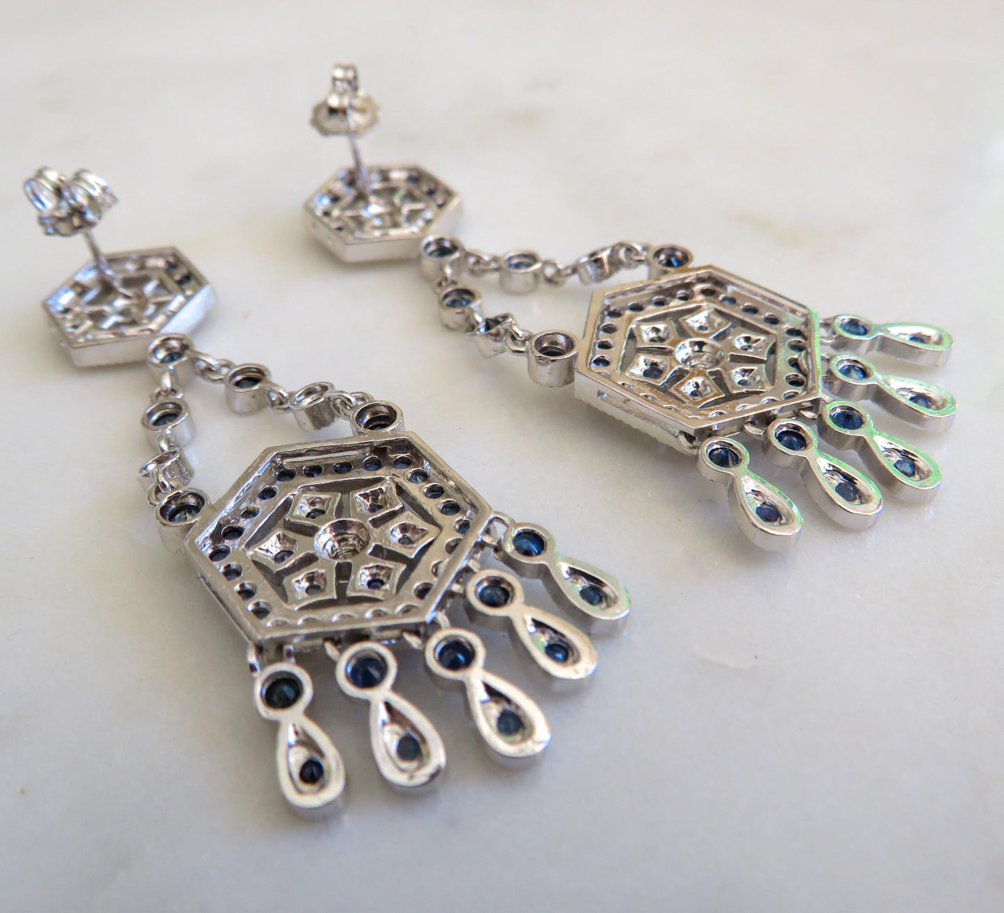Art Deco Revival Diamond & Sapphire Drop Earrings in 14K White Gold 2 Long Statement Earrings