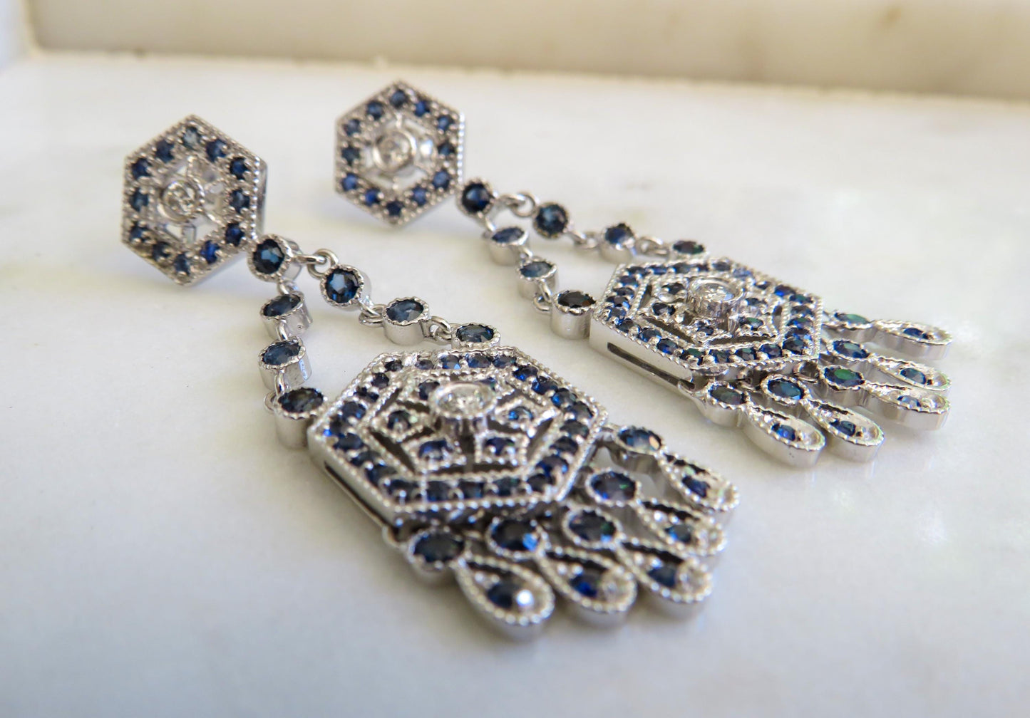 Art Deco Revival Diamond & Sapphire Drop Earrings in 14K White Gold 2 Long Statement Earrings