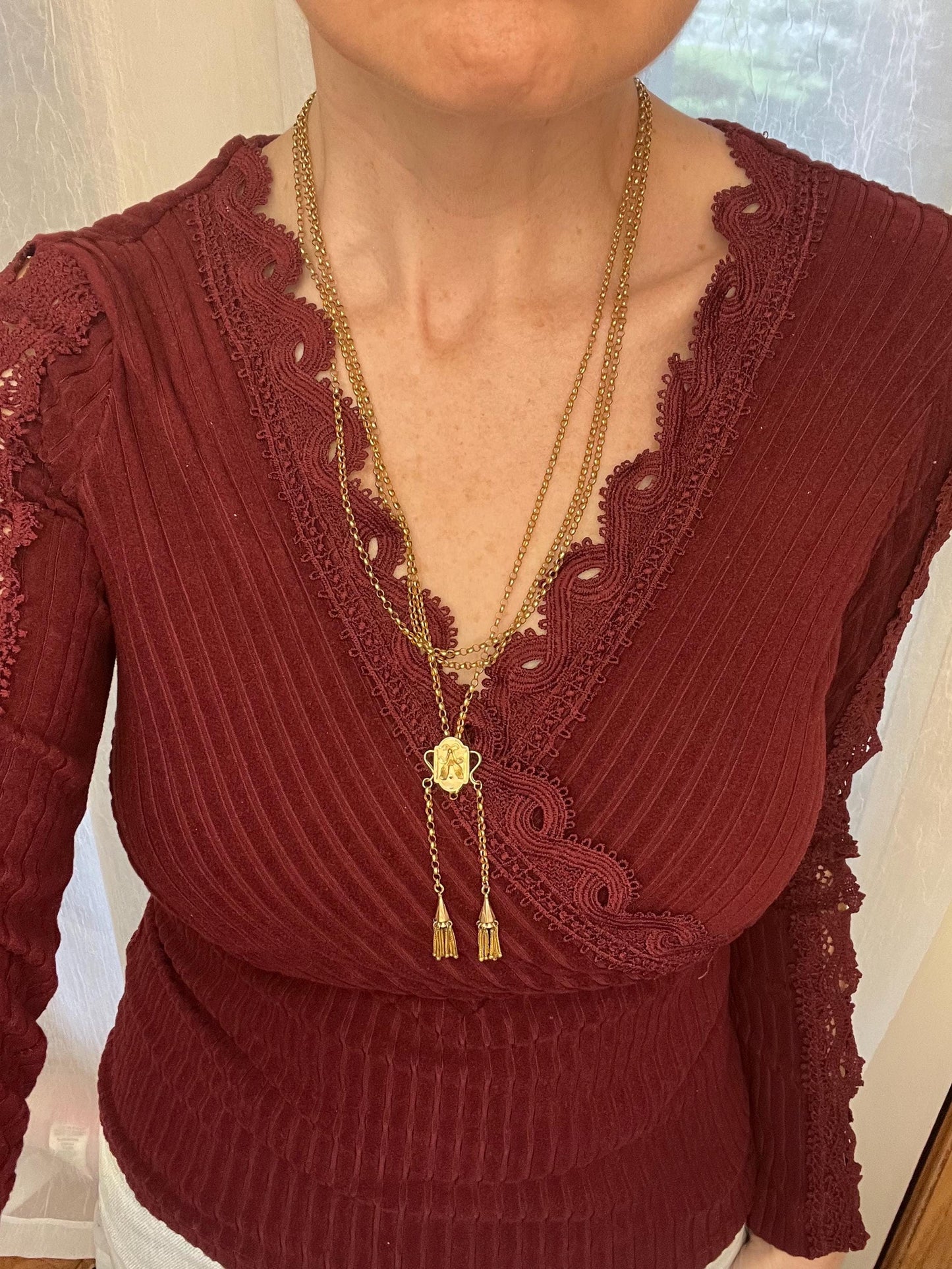 Victorian Gold Long-Guard Chain Necklace with Enamel Details