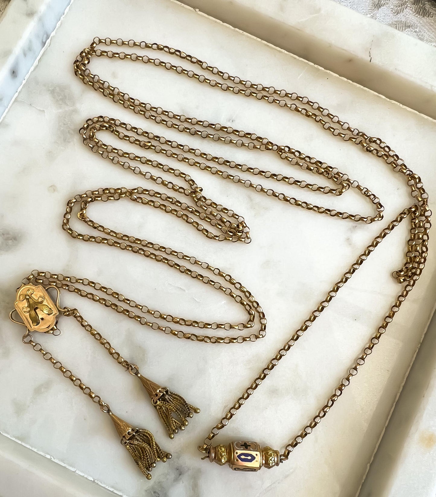 Victorian Gold Long-Guard Chain Necklace with Enamel Details