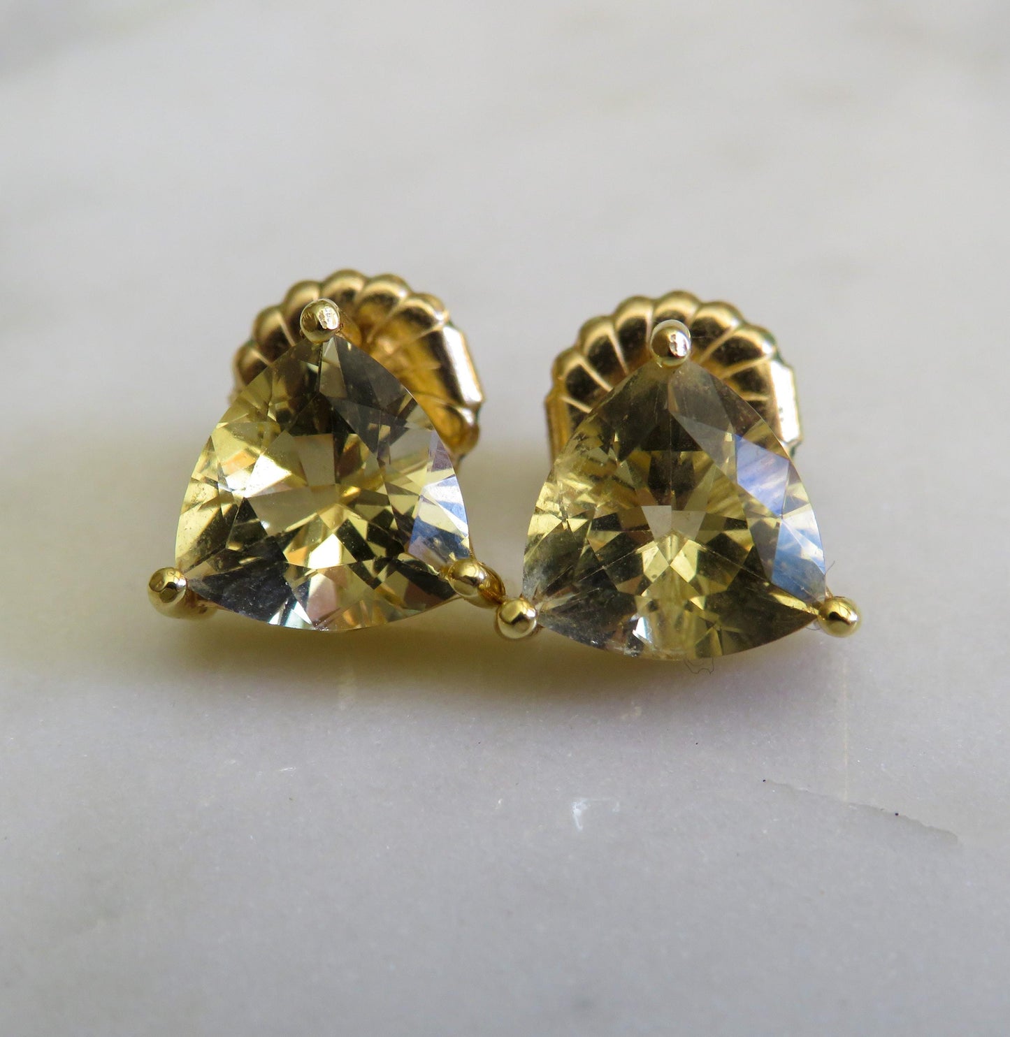Scapolite Trillion Cut Earrings Vintage 18K Gold