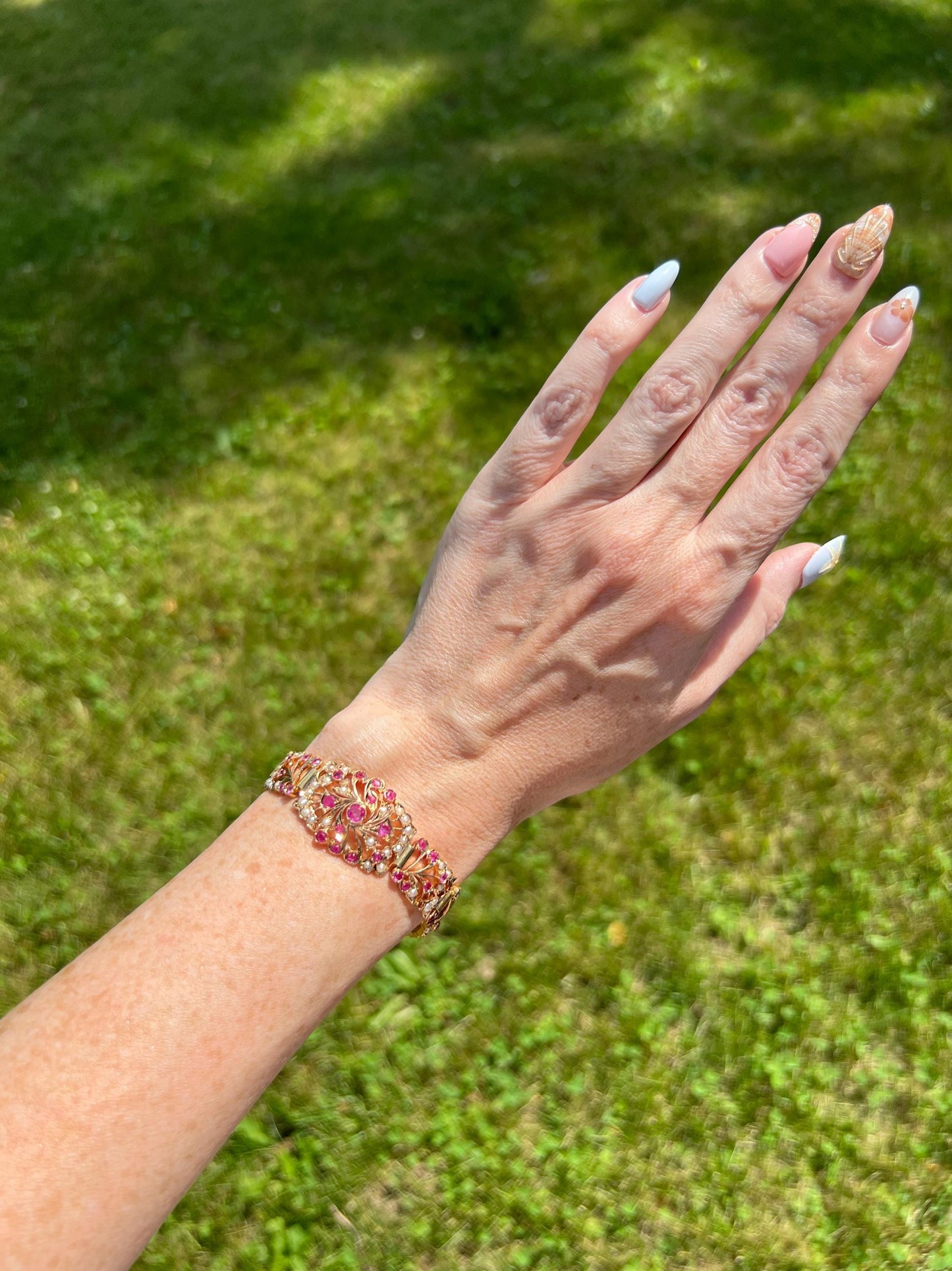 Romantic Antique Ruby & Pearl Bracelet in 9K Rose Gold
