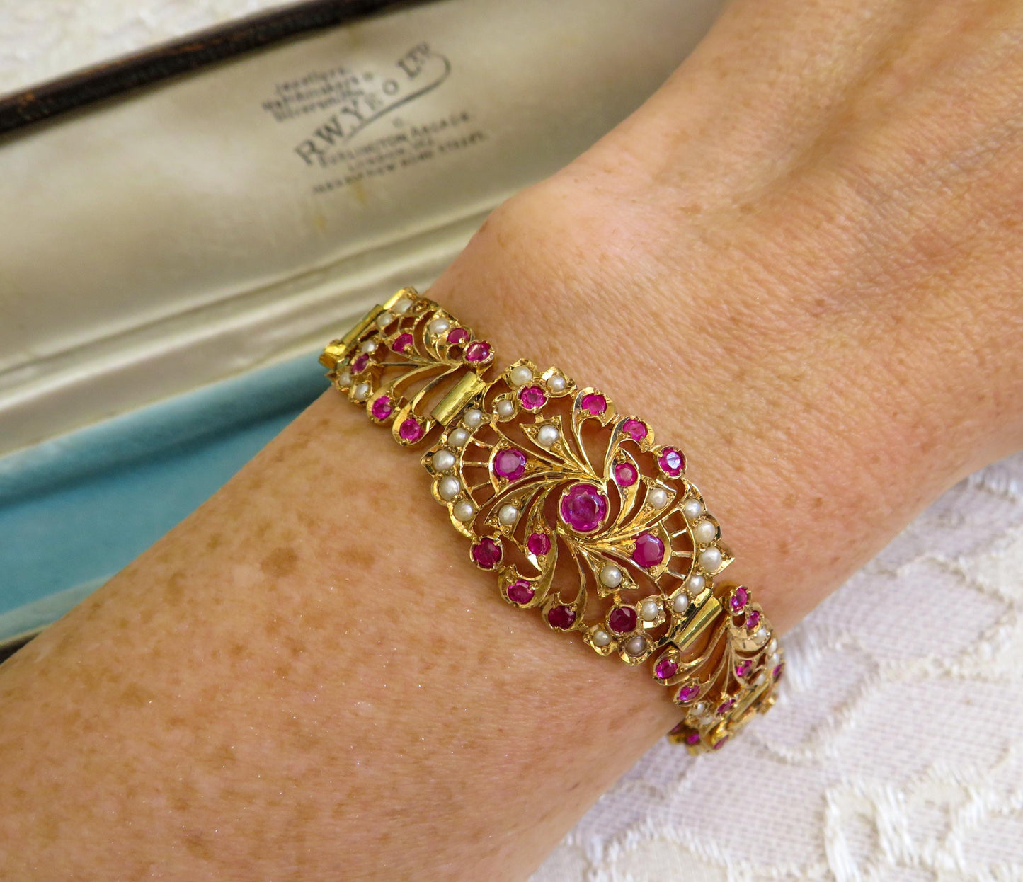 Romantic Antique Ruby & Pearl Bracelet in 9K Rose Gold