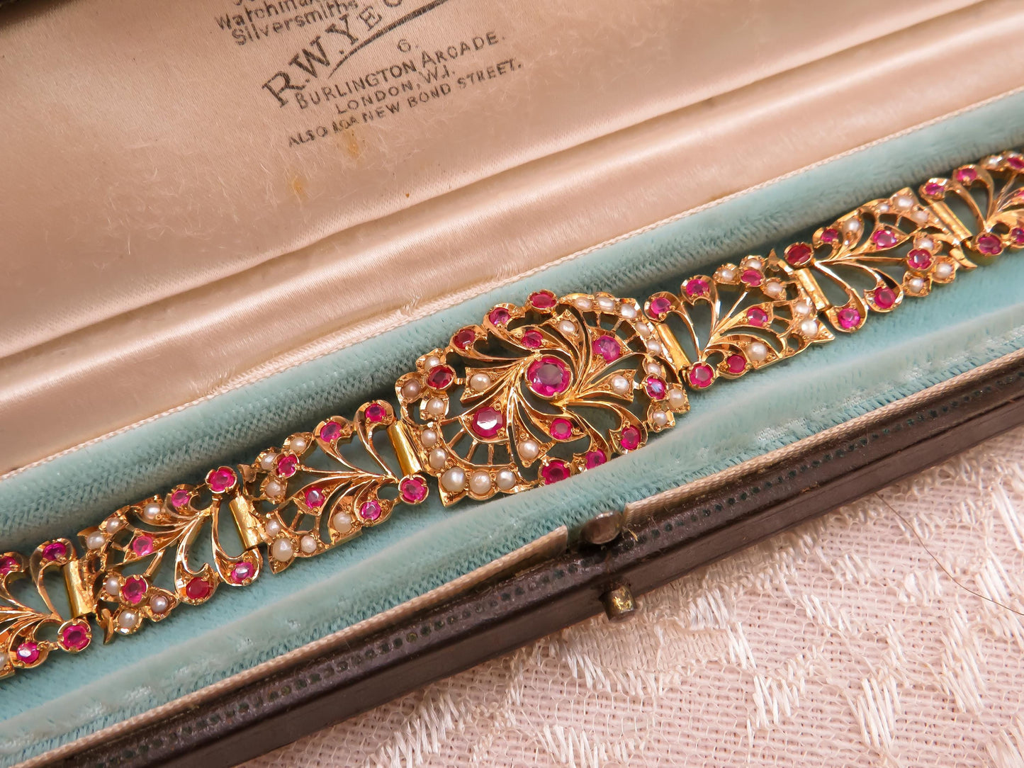 Romantic Antique Ruby & Pearl Bracelet in 9K Rose Gold