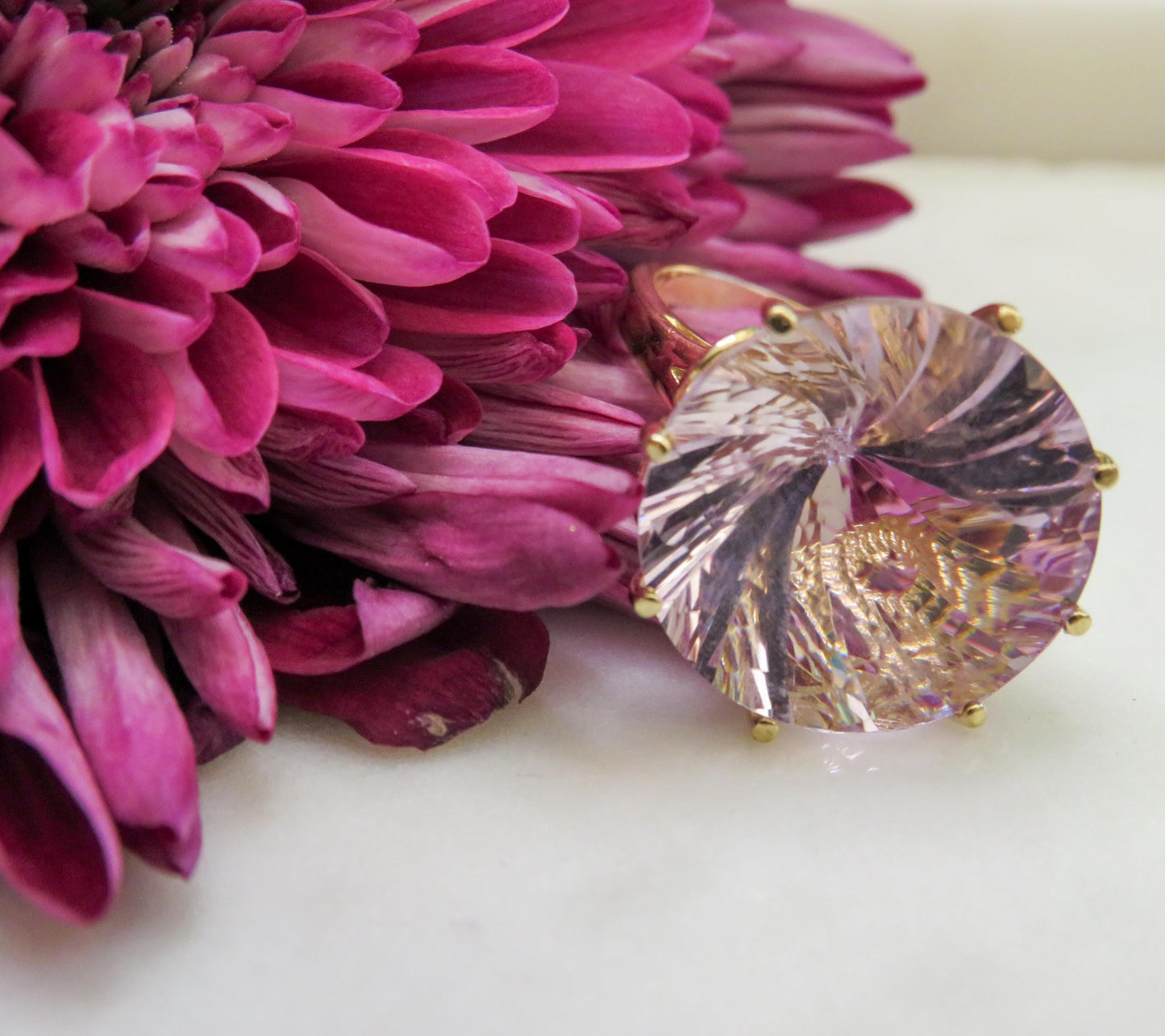 Ethereal Vintage Kunzite Ring in 10K Gold | Kaleidoscope Cut | Clyde Duneier Statement Ring
