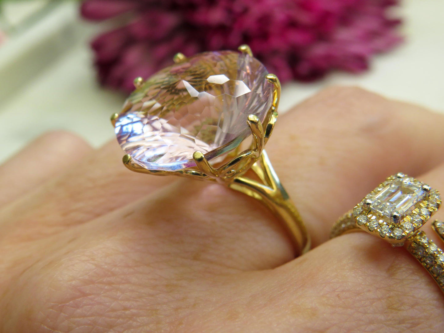 Ethereal Vintage Kunzite Ring in 10K Gold | Kaleidoscope Cut | Clyde Duneier Statement Ring
