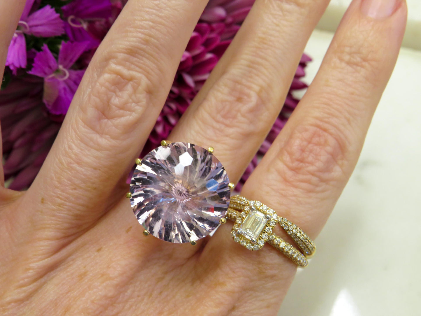 Ethereal Vintage Kunzite Ring in 10K Gold | Kaleidoscope Cut | Clyde Duneier Statement Ring