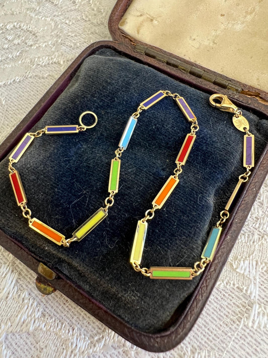 Color Pop Perfection  14K Gold Enamel Bar Anklet, 9 Modern Estate Jewelry