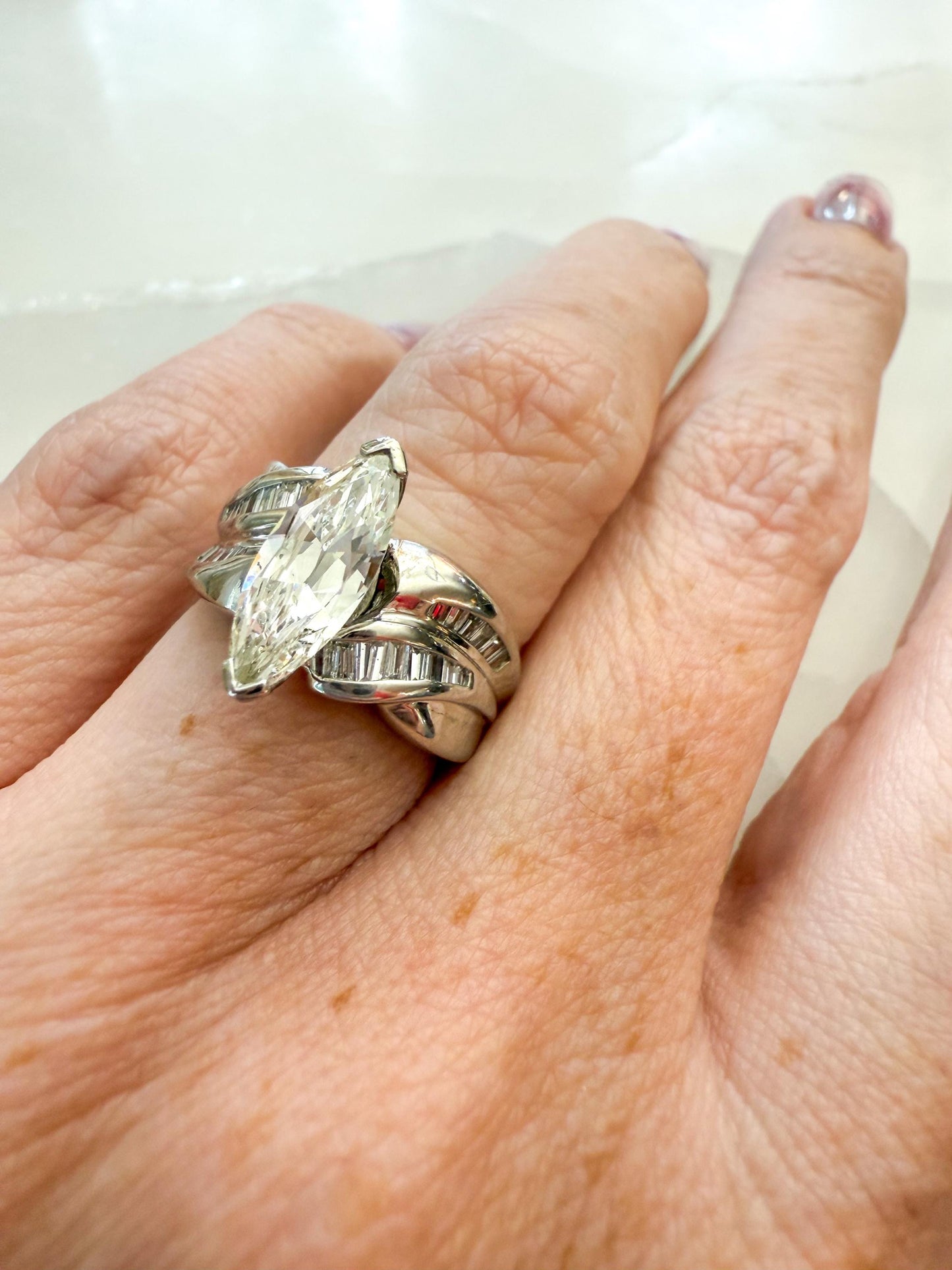 Unique Vintage Platinum Engagement Ring | Marquise Cut Diamond & Baguettes | GIA Certified