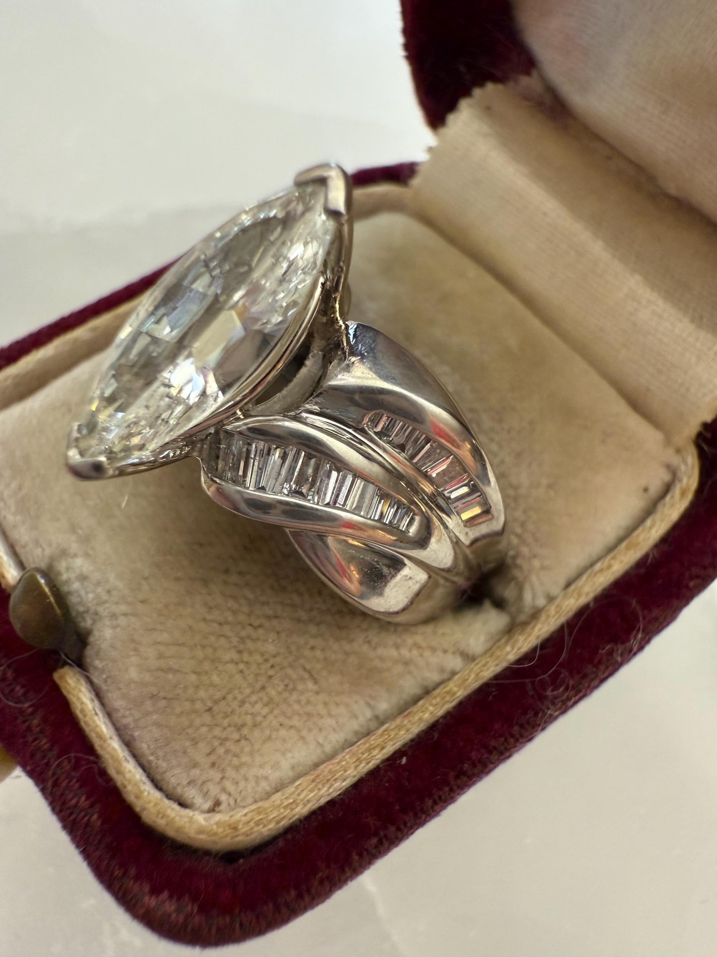 Unique Vintage Platinum Engagement Ring | Marquise Cut Diamond & Baguettes | GIA Certified
