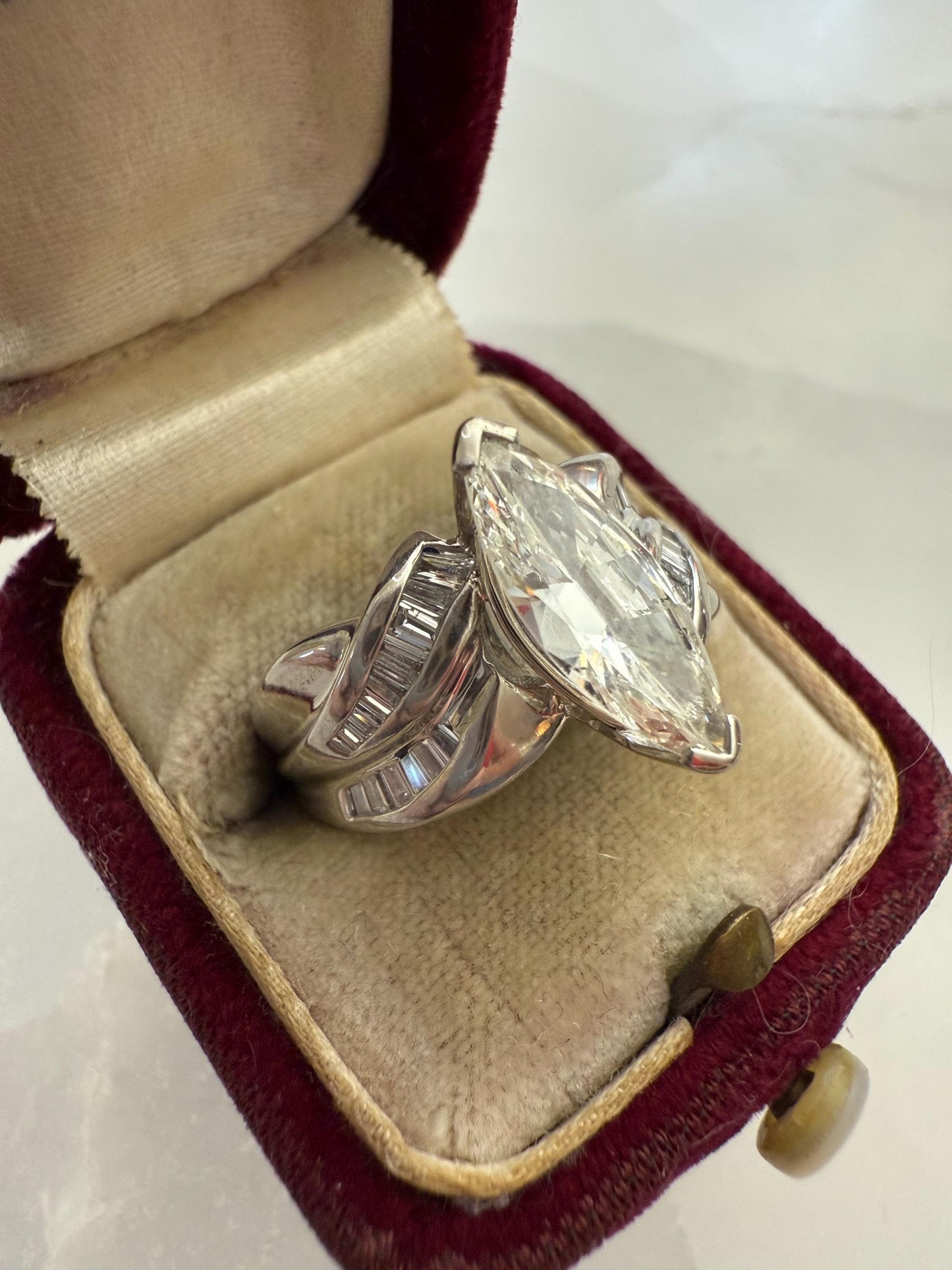 Unique Vintage Platinum Engagement Ring | Marquise Cut Diamond & Baguettes | GIA Certified