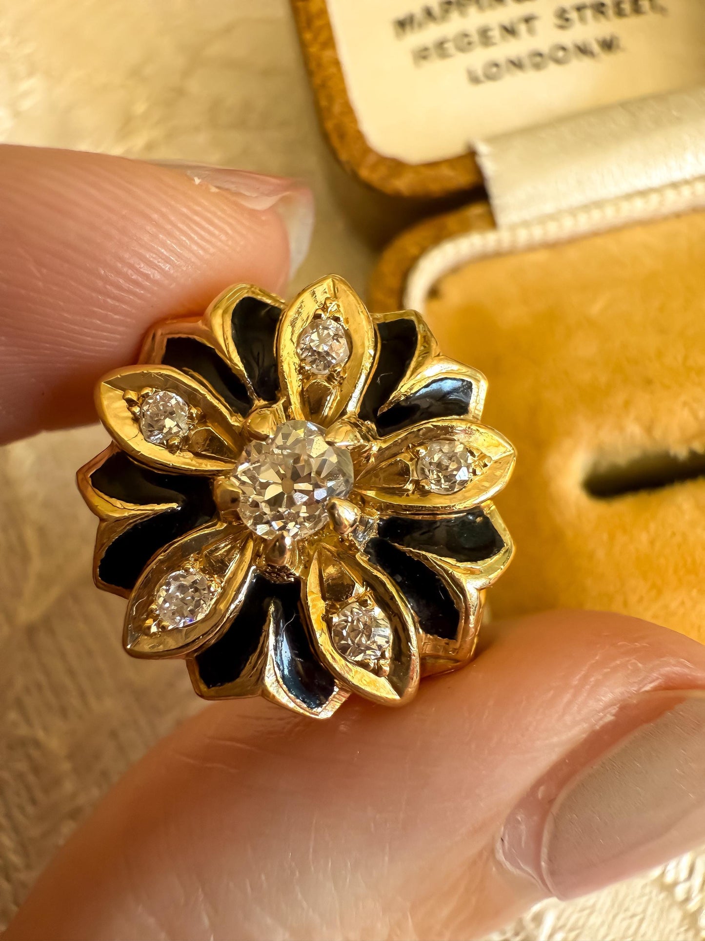 Victorian 14K Gold Diamond & Enamel Ring Old Mine Cuts Unique Antique Statement Ring