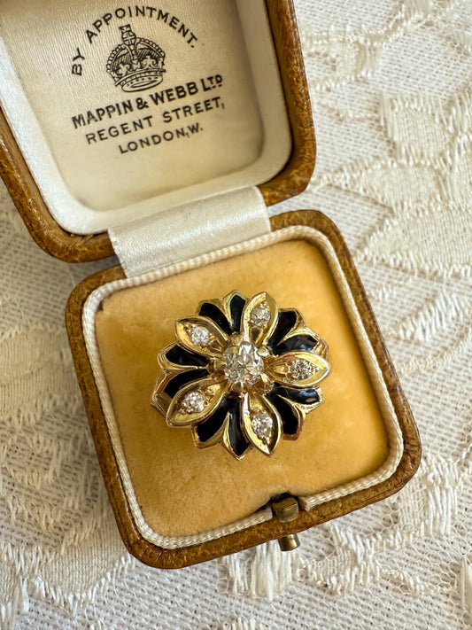 Victorian 14K Gold Diamond & Enamel Ring  Old Mine Cuts  Unique Antique Statement Ring