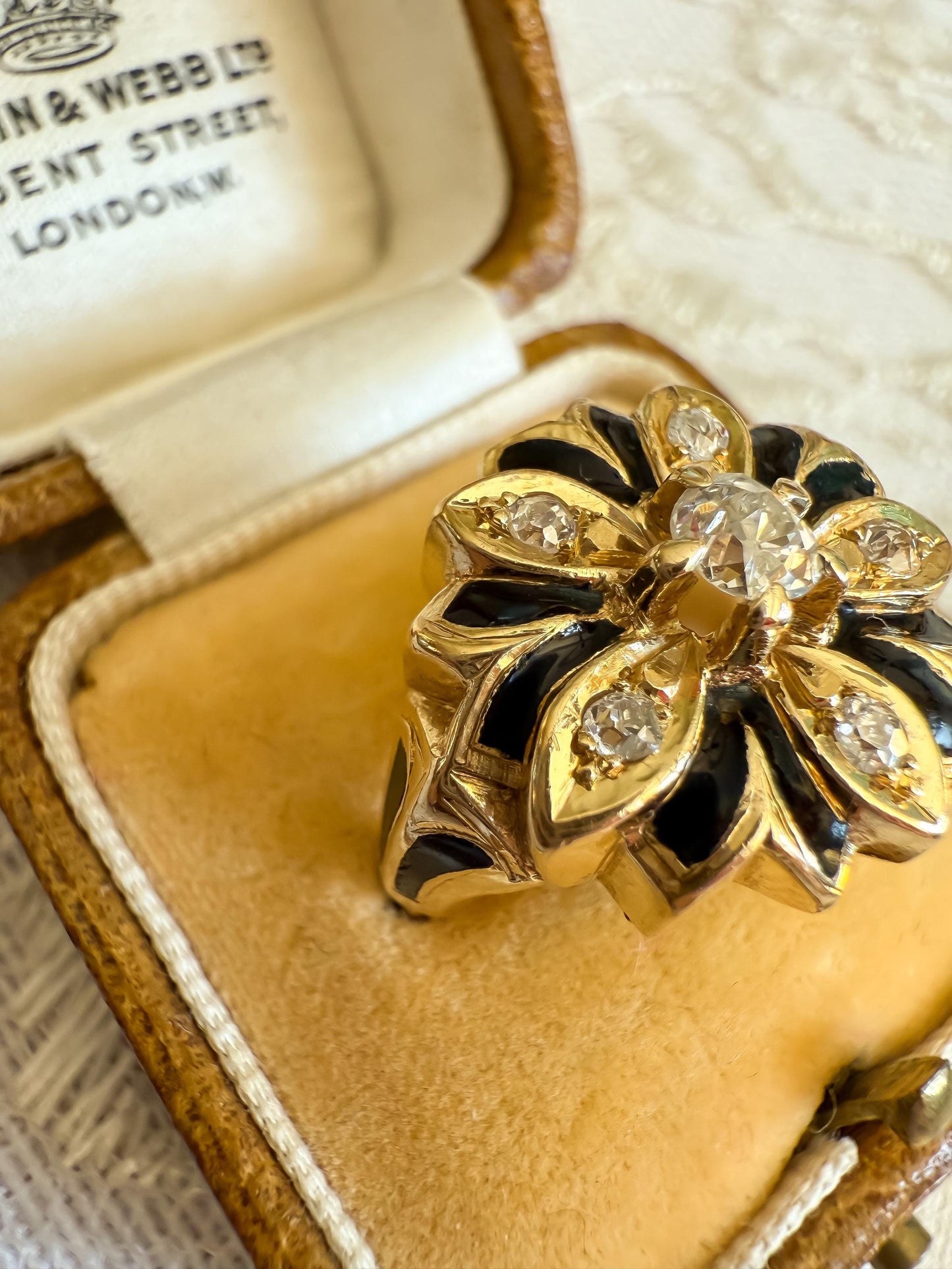 Victorian 14K Gold Diamond & Enamel Ring Old Mine Cuts Unique Antique Statement Ring