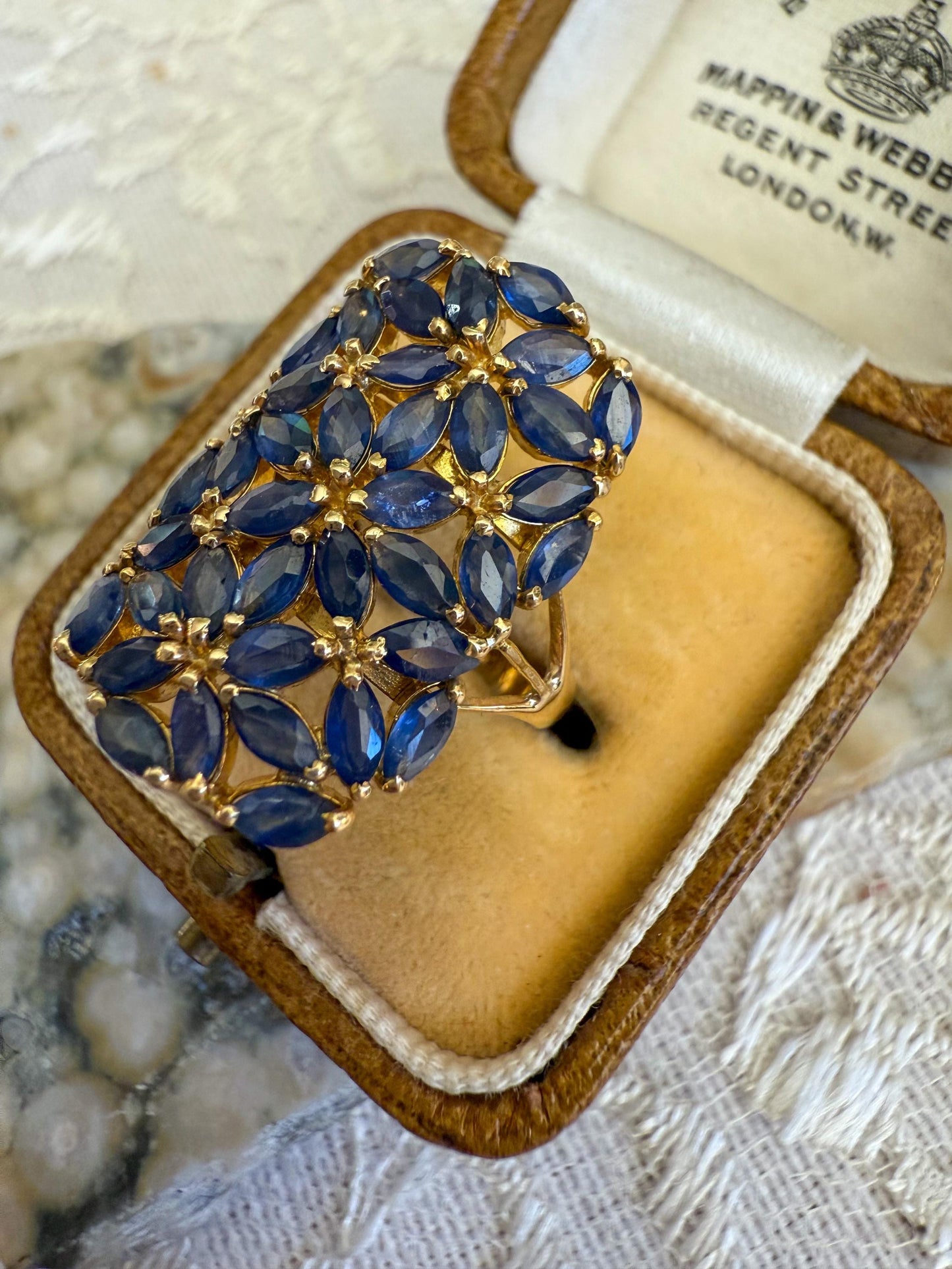 Vintage Sapphire Cocktail Ring in 14K Yellow Gold Marquise-Cut Floral Cluster Design, Bold and Elegant