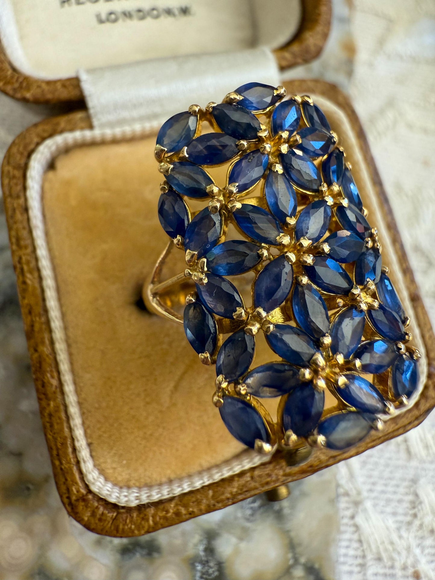Vintage Sapphire Cocktail Ring in 14K Yellow Gold Marquise-Cut Floral Cluster Design, Bold and Elegant