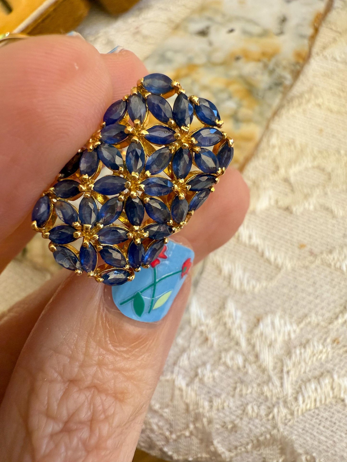 Vintage Sapphire Cocktail Ring in 14K Yellow Gold Marquise-Cut Floral Cluster Design, Bold and Elegant