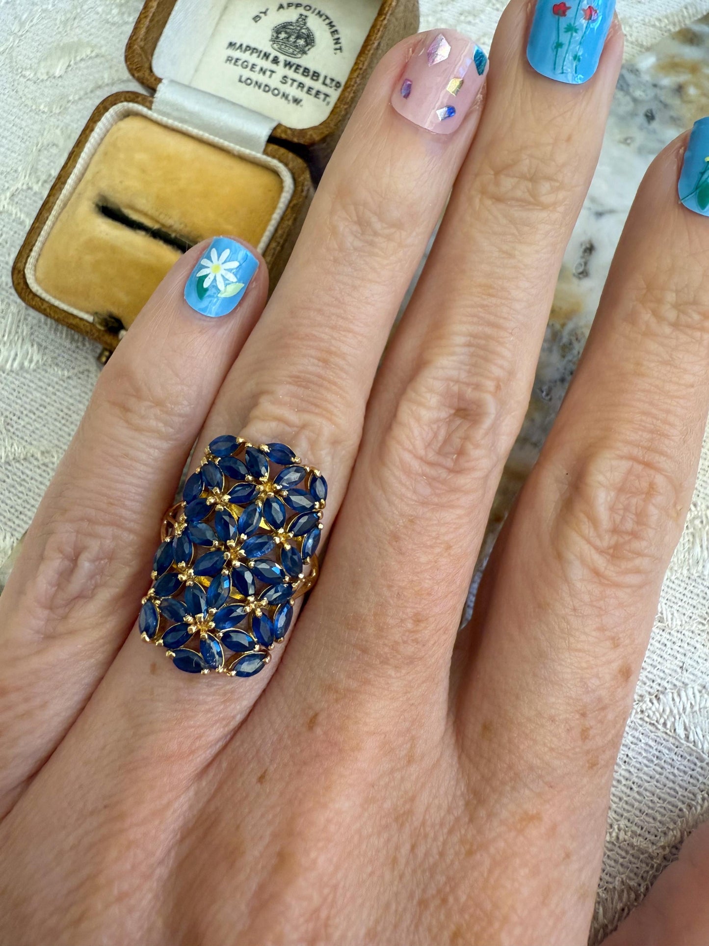 Vintage Sapphire Cocktail Ring in 14K Yellow Gold Marquise-Cut Floral Cluster Design, Bold and Elegant