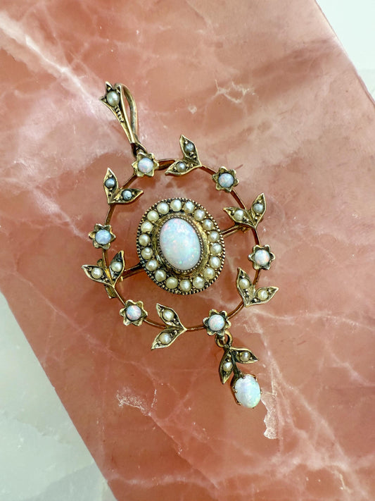 Victorian Natural Opal & Seed Pearl Pendant Brooch | Antique 14K Gold Floral Design | Convertible Brooch Pendant