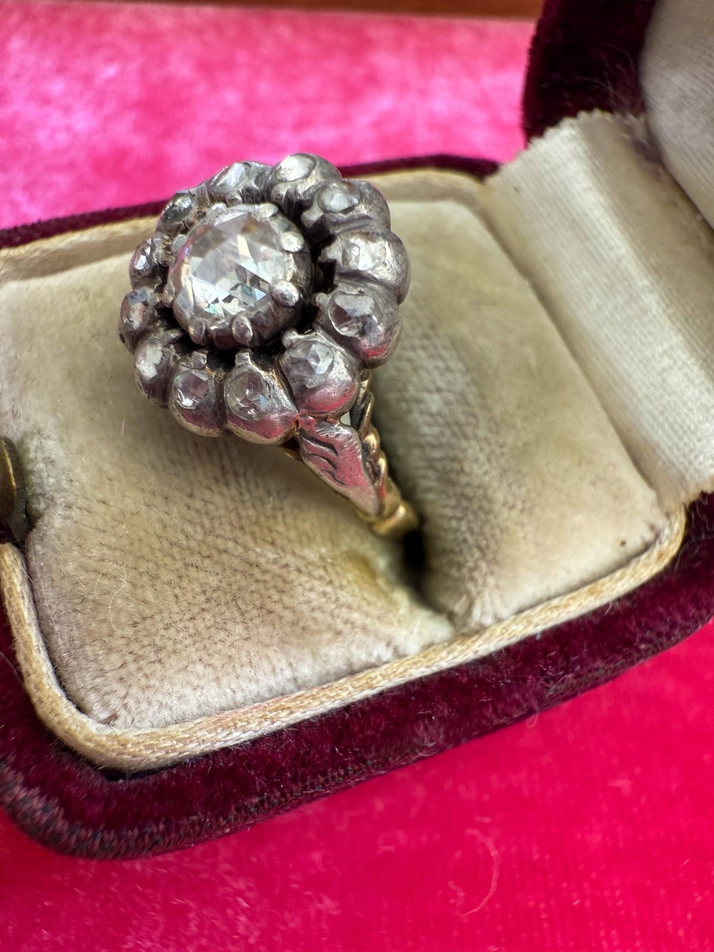 Rose Cut Diamond Daisy Ring | Silver-Topped 15K Gold | Georgian Era Foil-Backed Diamonds | Size 5