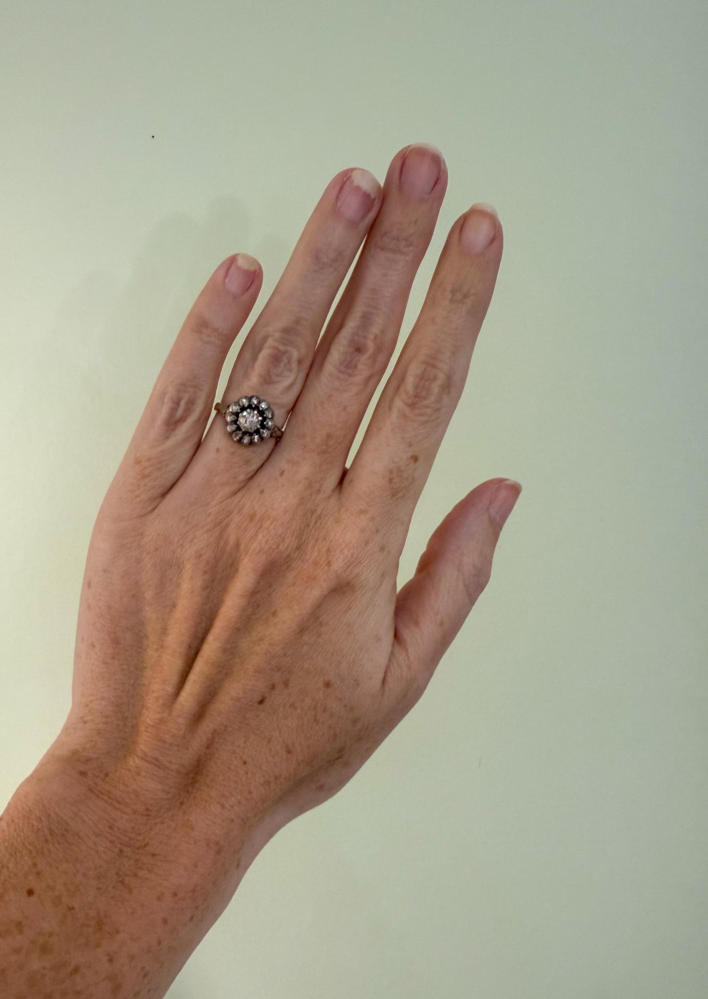 Rose Cut Diamond Daisy Ring | Silver-Topped 15K Gold | Georgian Era Foil-Backed Diamonds | Size 5