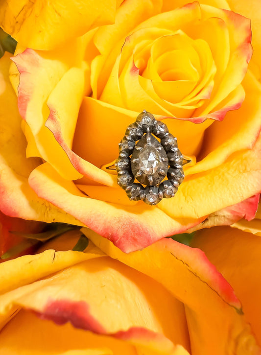 Antique Rose Cut Pear Diamond Cluster Ring | Silver-Topped 18K Gold