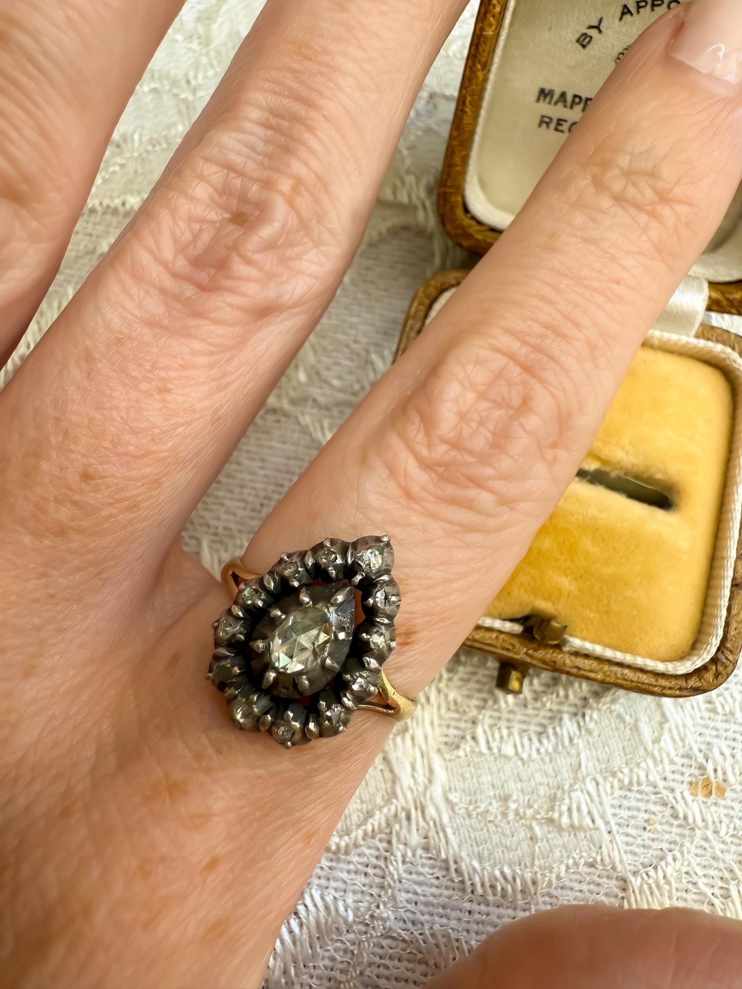 Antique Rose Cut Pear Diamond Cluster Ring | Silver-Topped 18K Gold