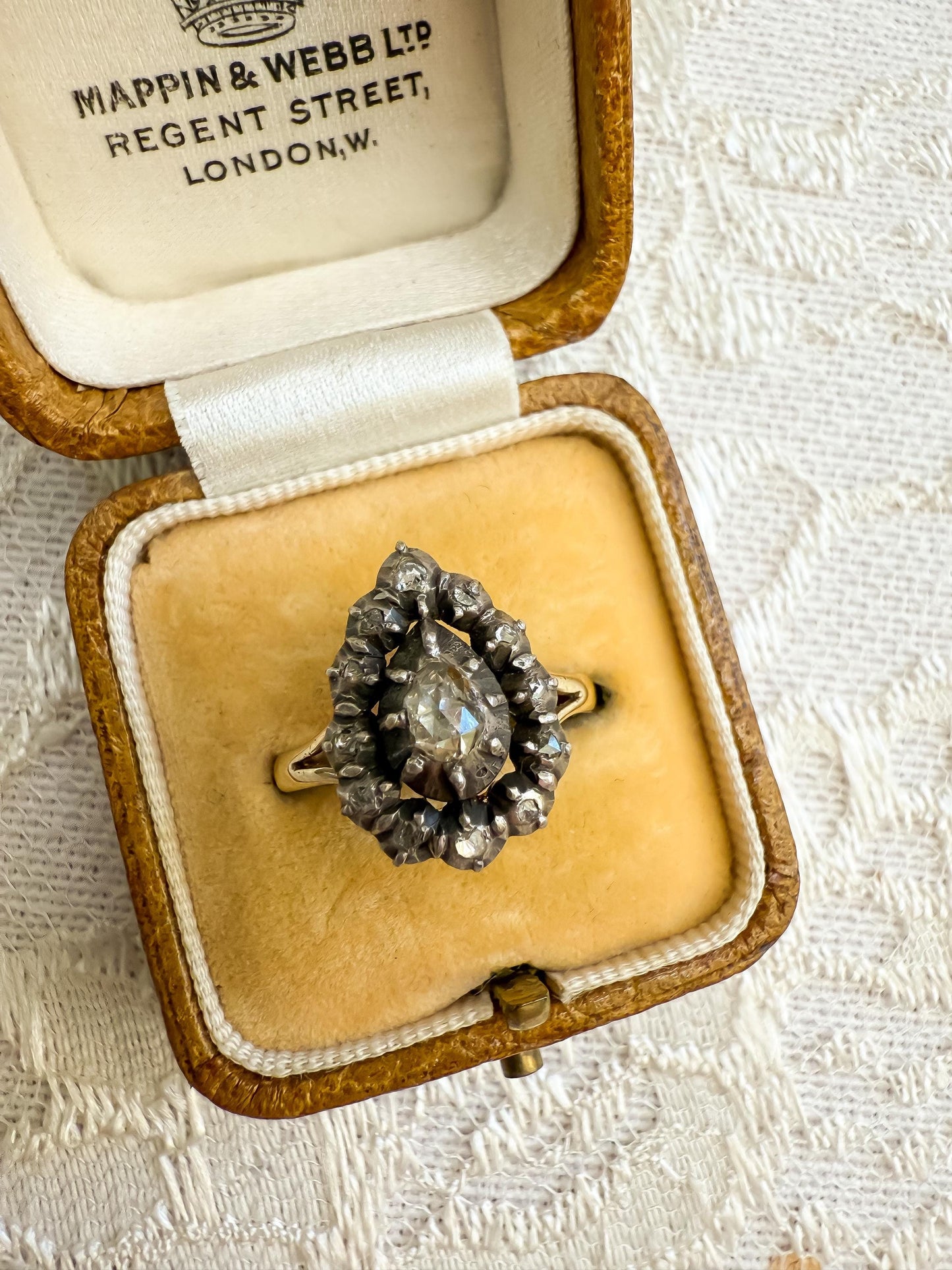Antique Rose Cut Pear Diamond Cluster Ring | Silver-Topped 18K Gold