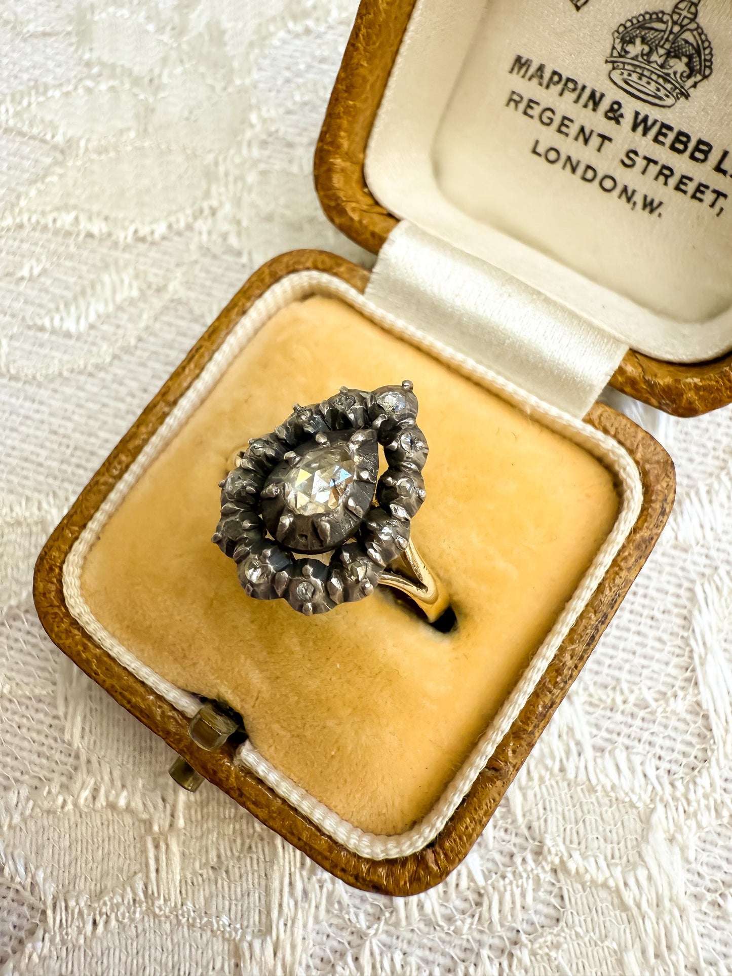 Antique Rose Cut Pear Diamond Cluster Ring | Silver-Topped 18K Gold
