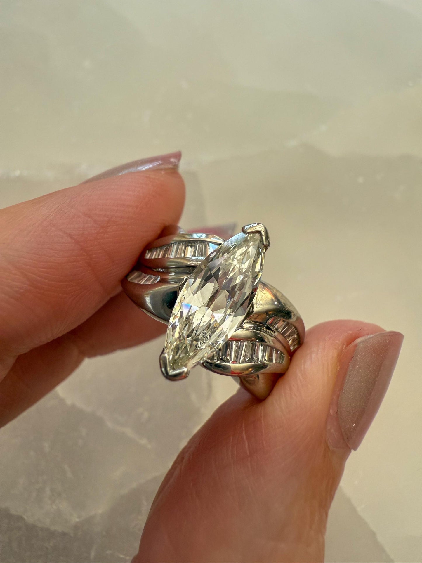 Unique Vintage Platinum Engagement Ring | Marquise Cut Diamond & Baguettes | GIA Certified