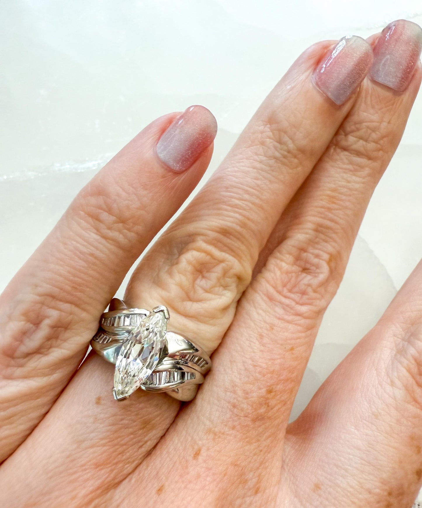 Unique Vintage Platinum Engagement Ring | Marquise Cut Diamond & Baguettes | GIA Certified