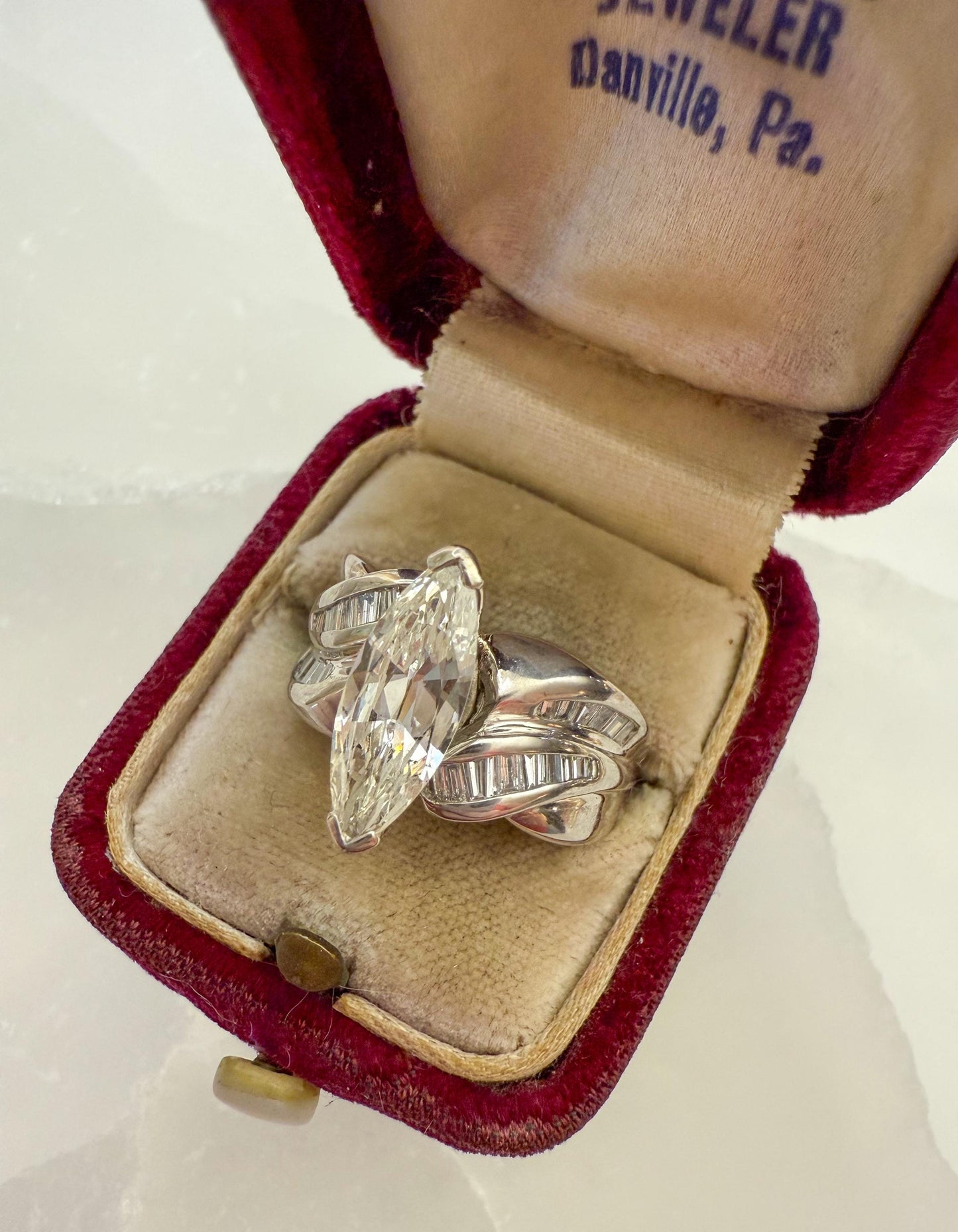 Unique Vintage Platinum Engagement Ring | Marquise Cut Diamond & Baguettes | GIA Certified
