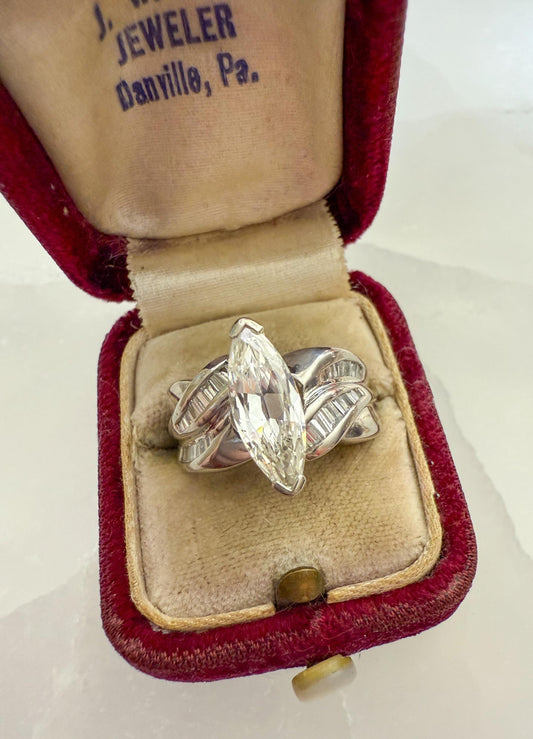 Unique Vintage Platinum Engagement Ring | Marquise Cut Diamond & Baguettes | GIA Certified