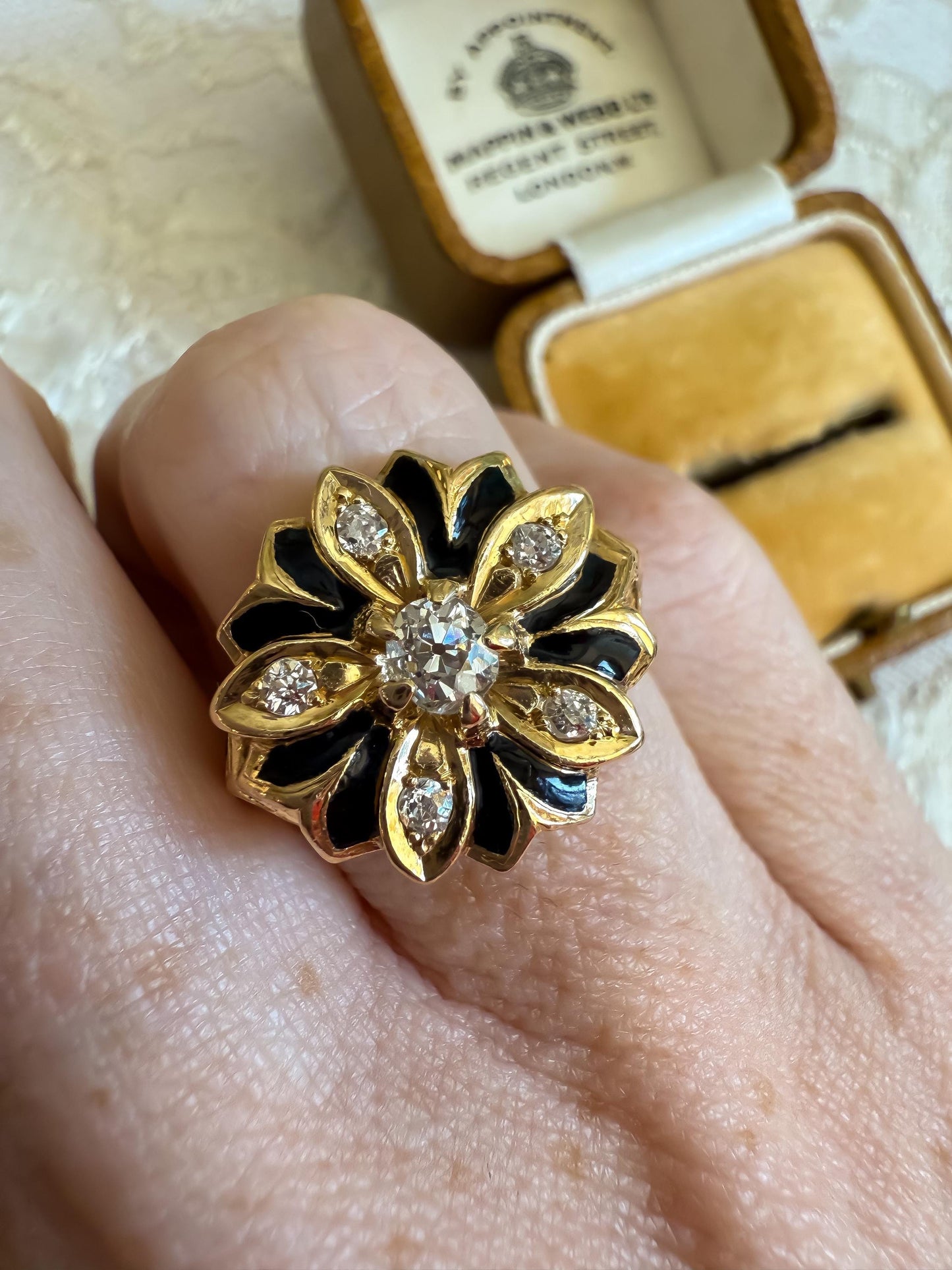 Victorian 14K Gold Diamond & Enamel Ring Old Mine Cuts Unique Antique Statement Ring