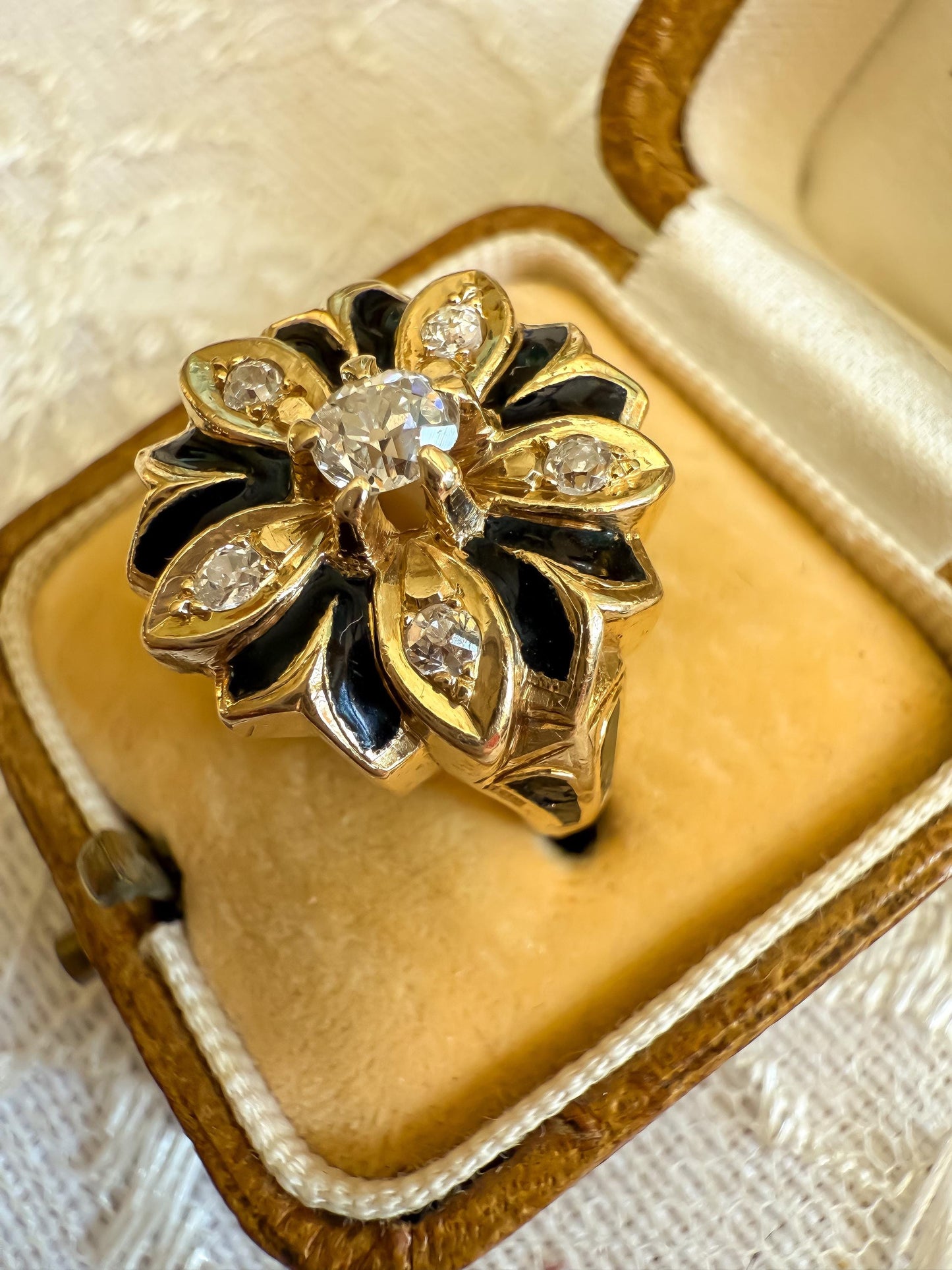 Victorian 14K Gold Diamond & Enamel Ring Old Mine Cuts Unique Antique Statement Ring