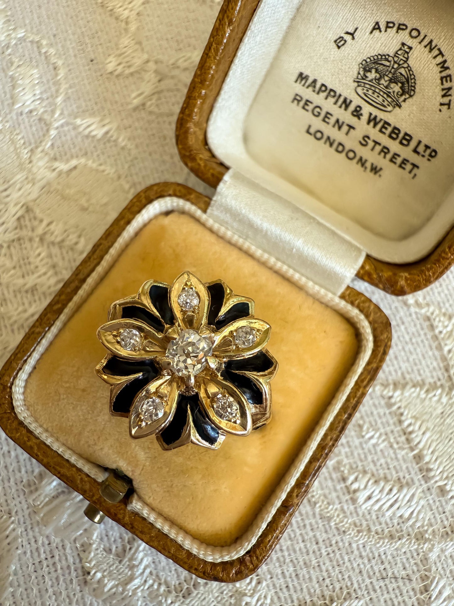 Victorian 14K Gold Diamond & Enamel Ring Old Mine Cuts Unique Antique Statement Ring