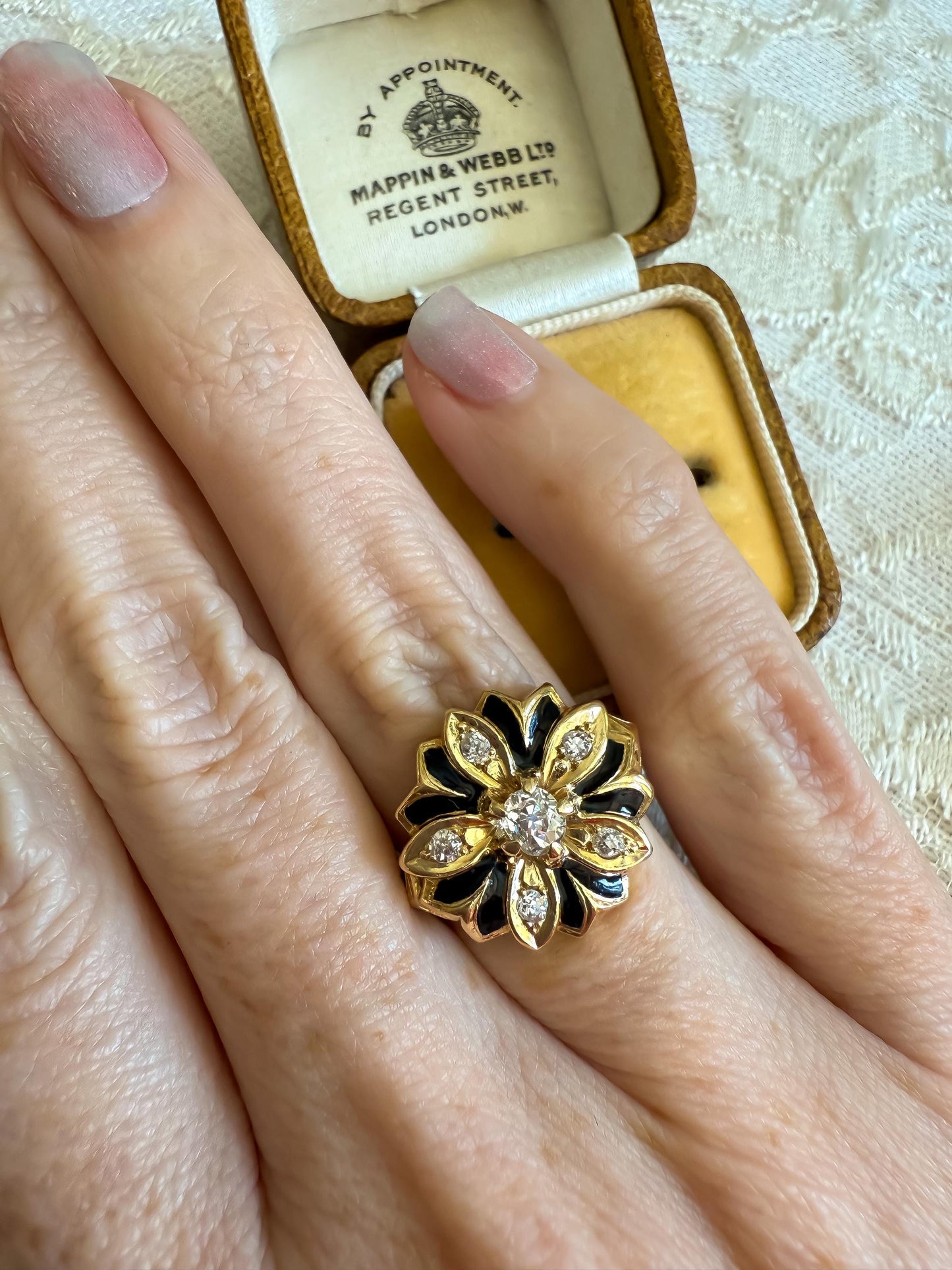 Victorian 14K Gold Diamond & Enamel Ring Old Mine Cuts Unique Antique Statement Ring