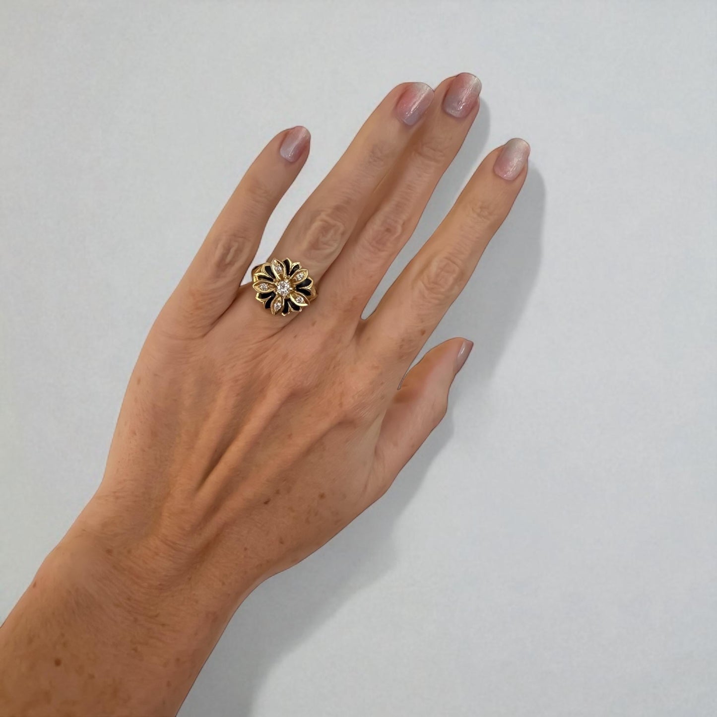 Victorian 14K Gold Diamond & Enamel Ring Old Mine Cuts Unique Antique Statement Ring