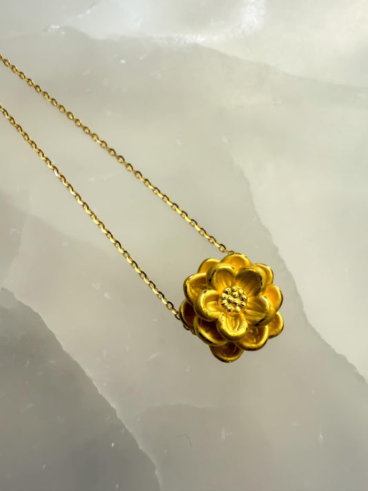 24K Solid Gold Flower Necklace  Pure ‘999 Gold Slide Pendant, 16 Inch Chain