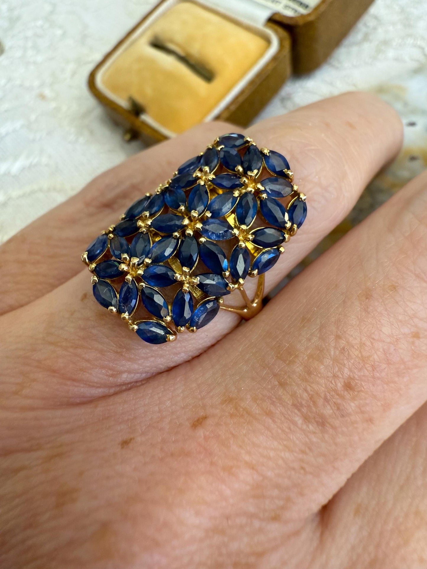 Vintage Sapphire Cocktail Ring in 14K Yellow Gold Marquise-Cut Floral Cluster Design, Bold and Elegant