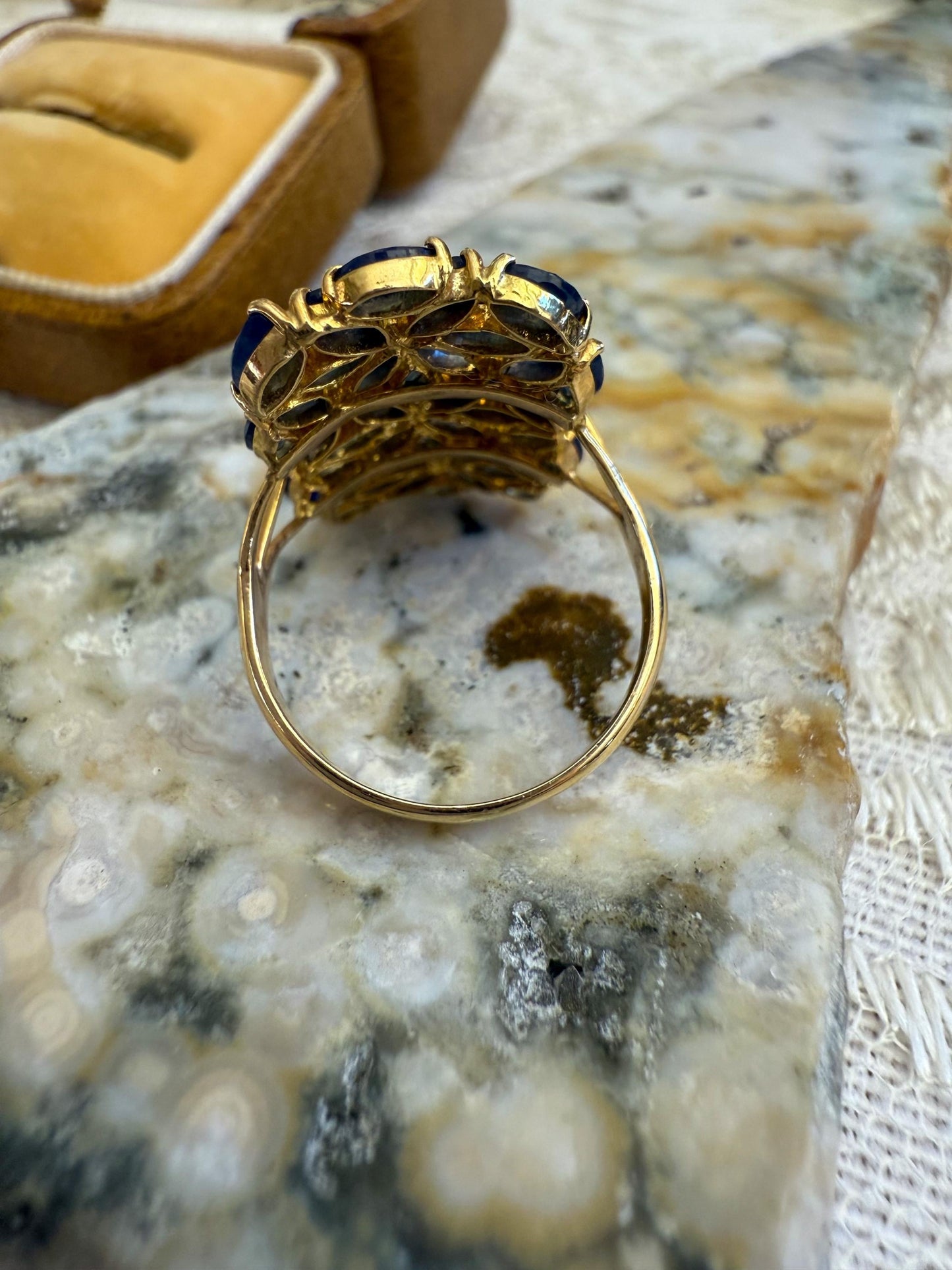 Vintage Sapphire Cocktail Ring in 14K Yellow Gold Marquise-Cut Floral Cluster Design, Bold and Elegant