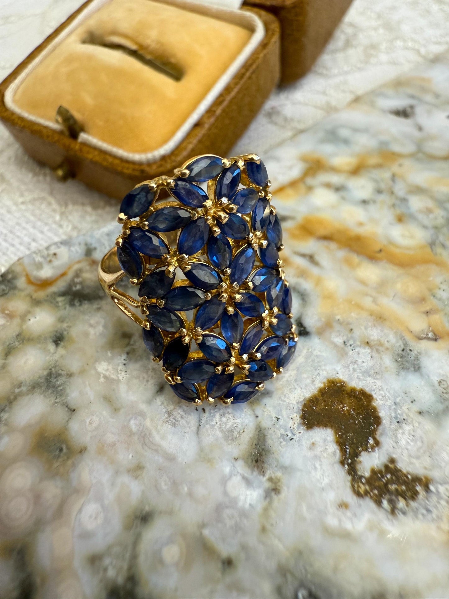 Vintage Sapphire Cocktail Ring in 14K Yellow Gold Marquise-Cut Floral Cluster Design, Bold and Elegant